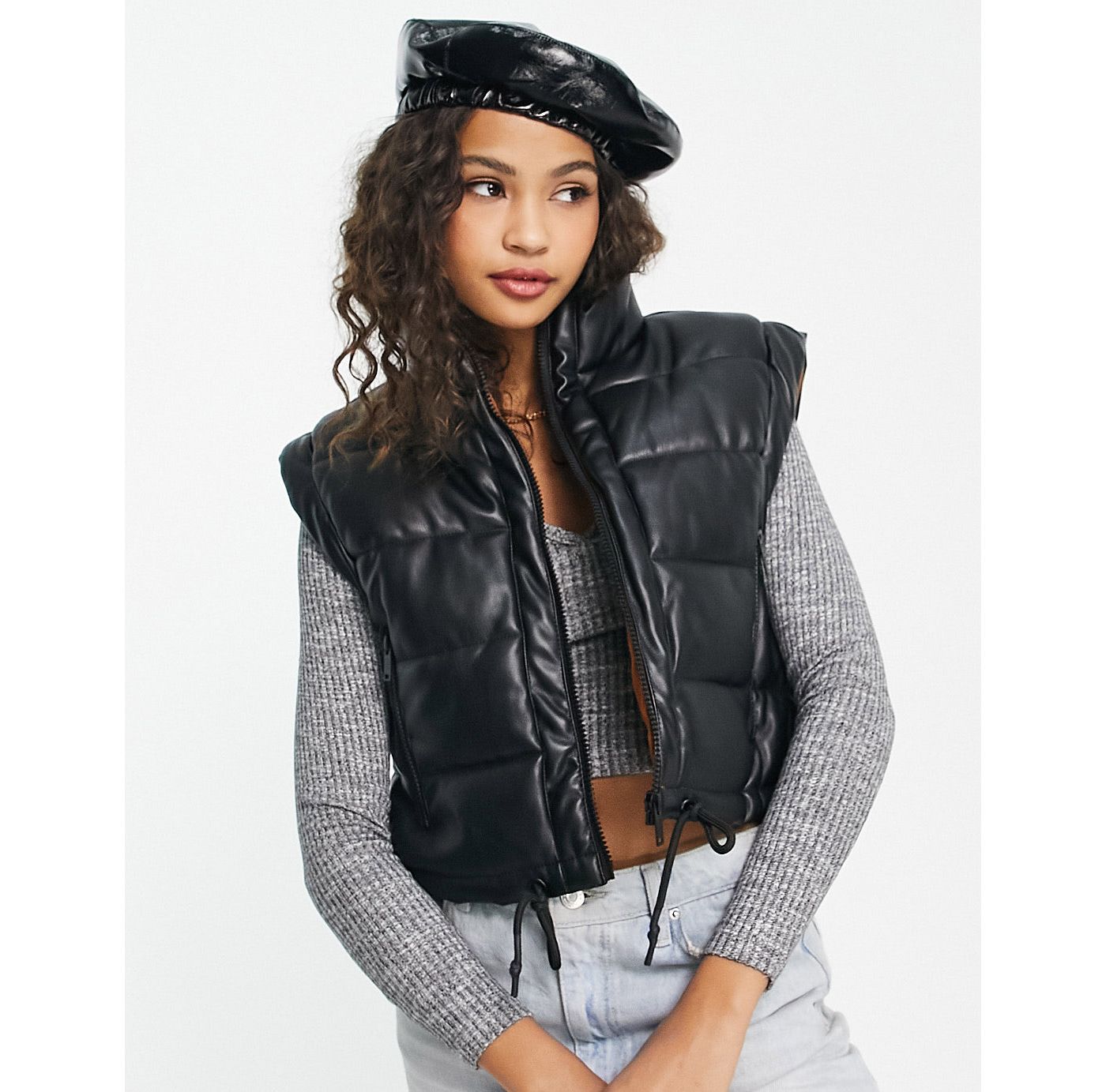 Pimkie faux leather cropped gilet in black