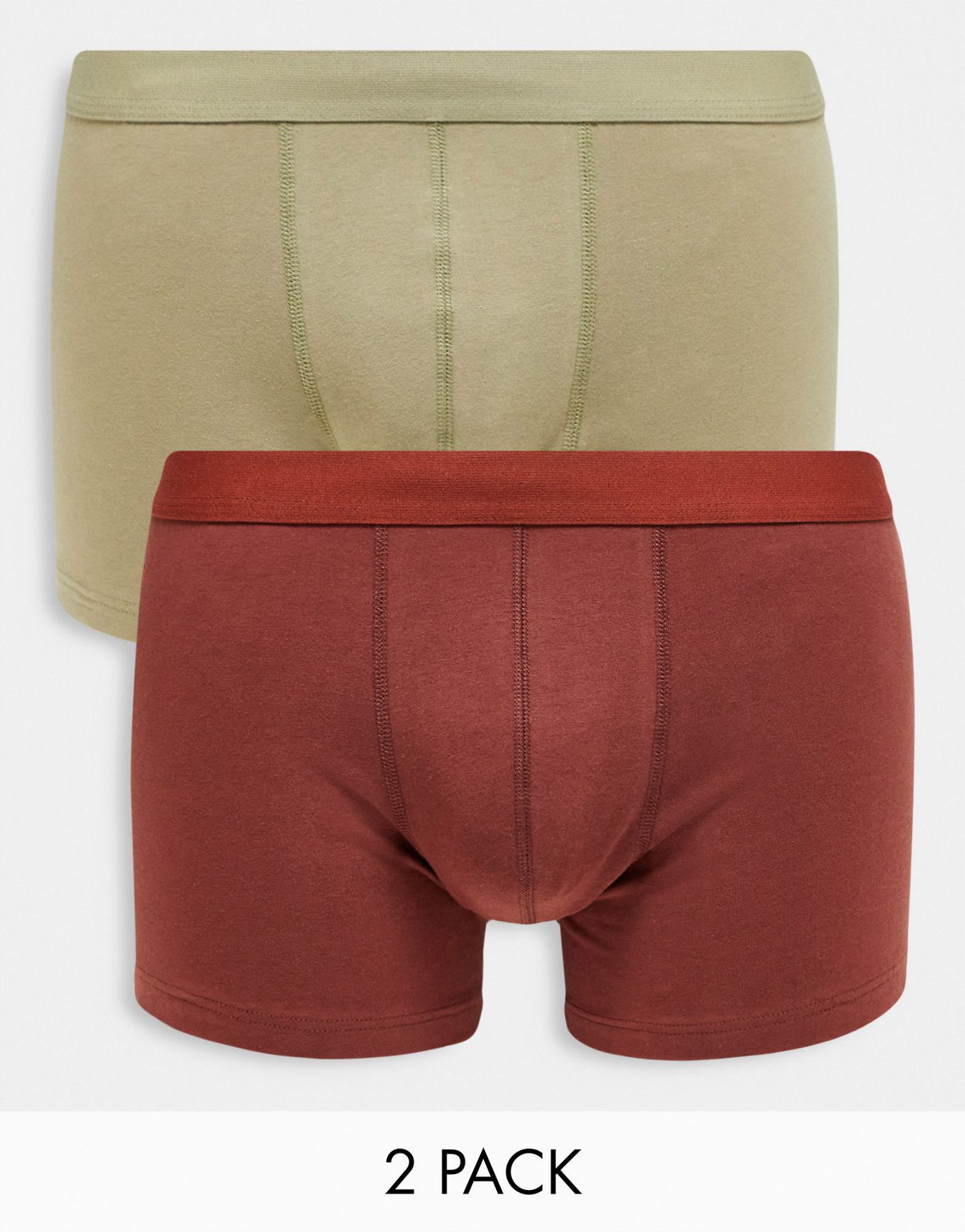 ASOS DESIGN 2 pack trunks in khaki and burgundy