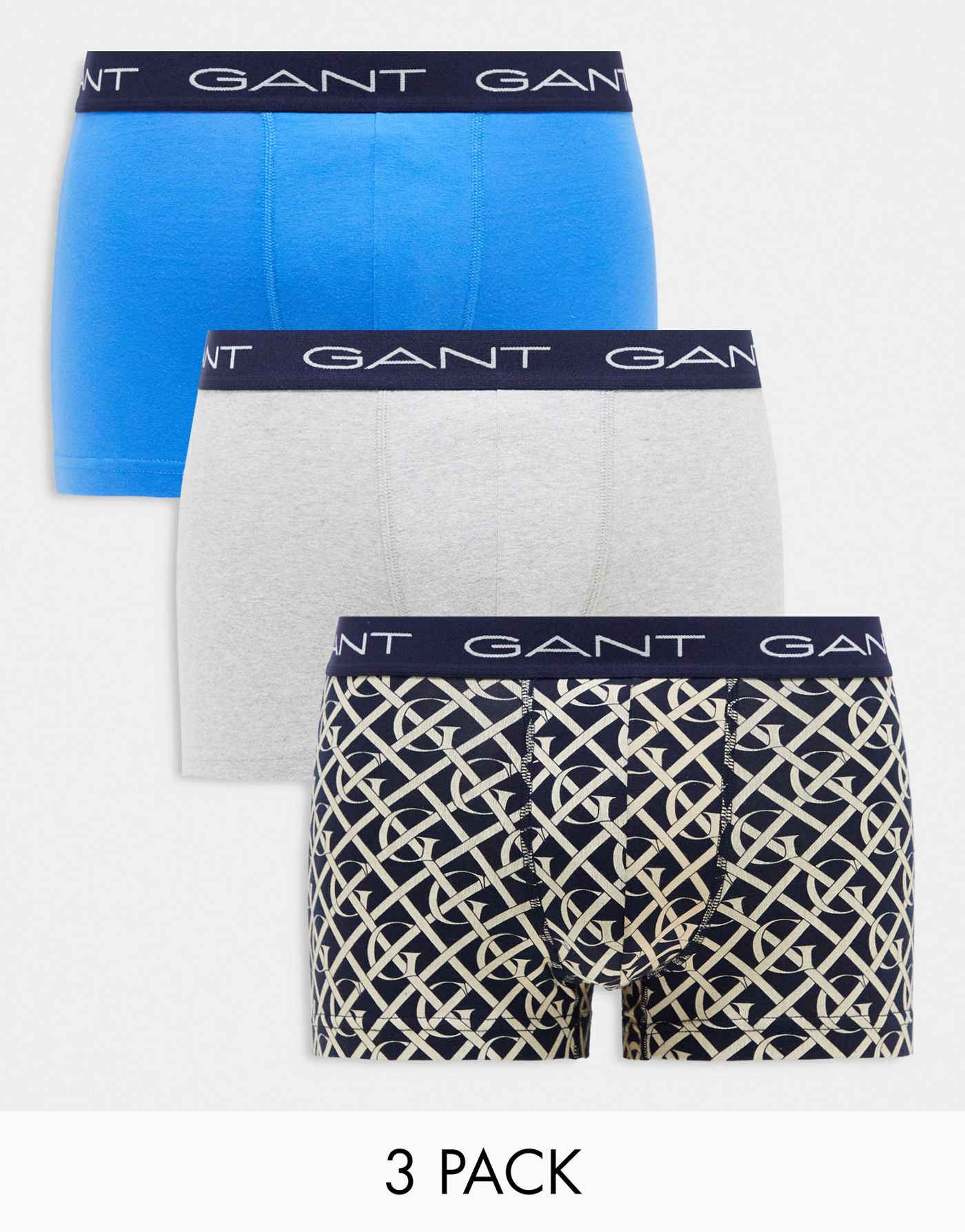 GANT 3 pack trunks with all over logo grey, blue, navy with logo waistband