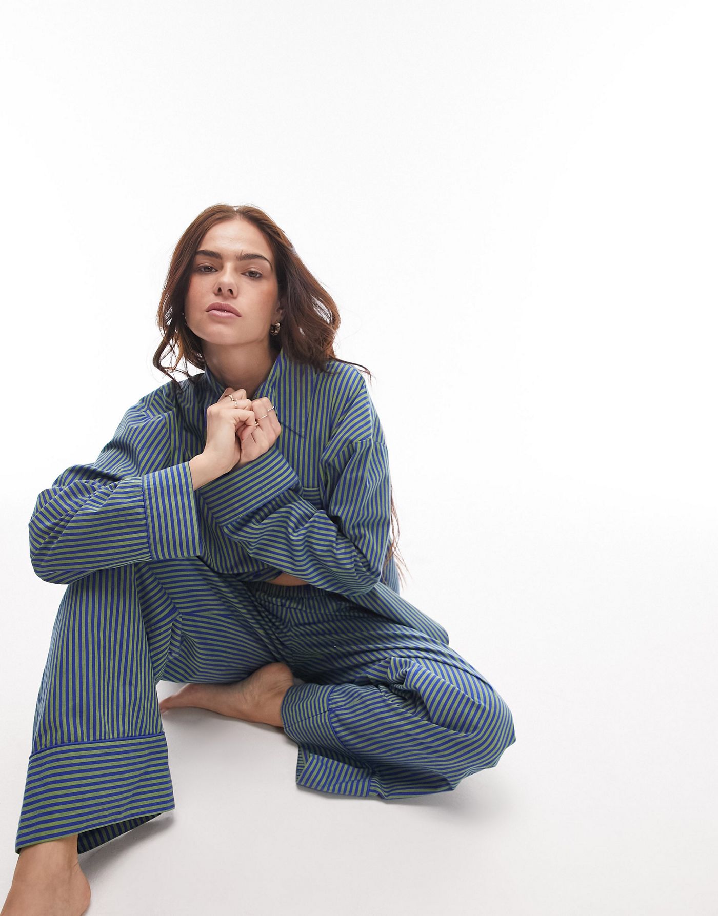 Topshop cotton stripe shirt and trouser pyjama set in green and blue 