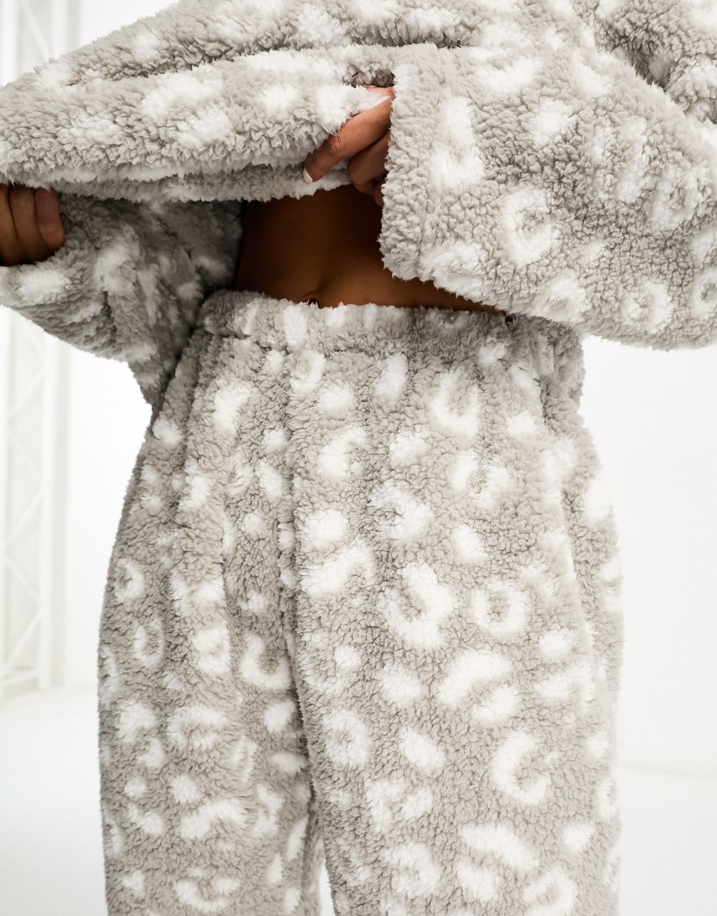 Loungeable cosy sherpa twosie nightwear set in grey animal print