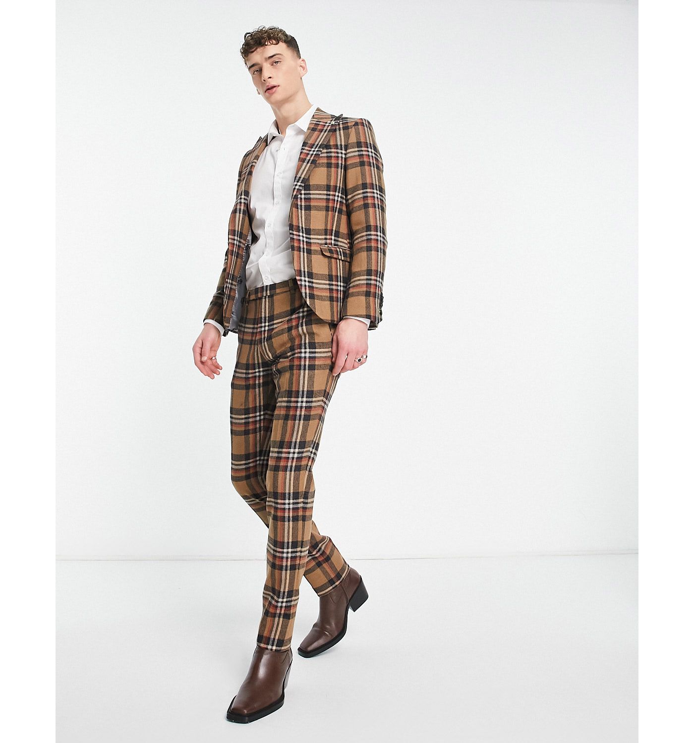 Twisted Tailor nevada skinny suit jacket in beige and blue tartan check