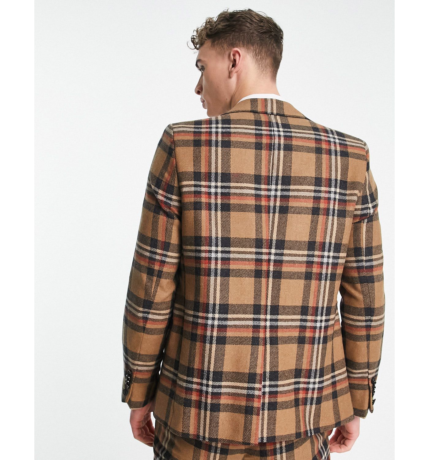 Twisted Tailor nevada skinny suit jacket in beige and blue tartan check