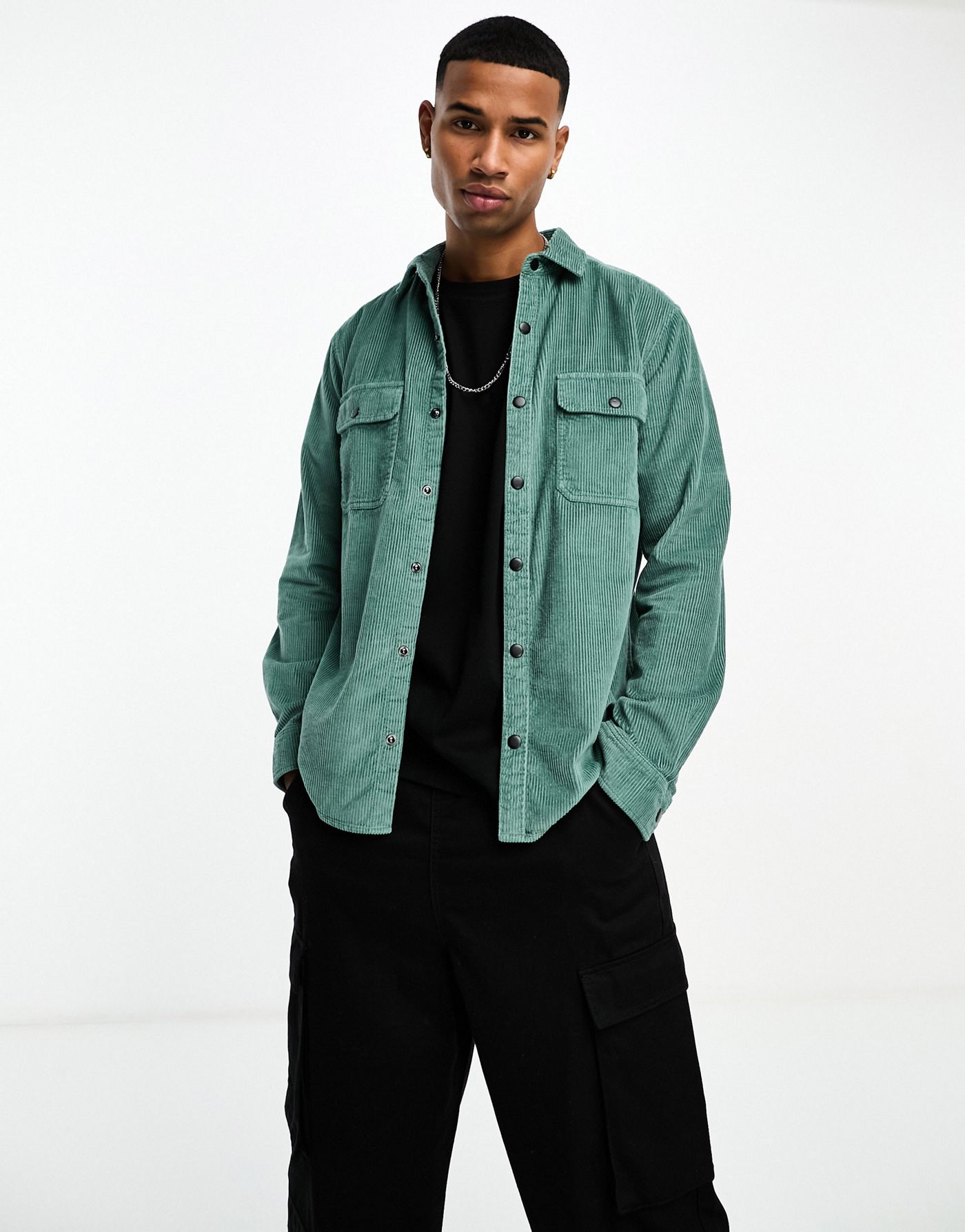 ASOS DESIGN cord overshirt with poppers in teal green