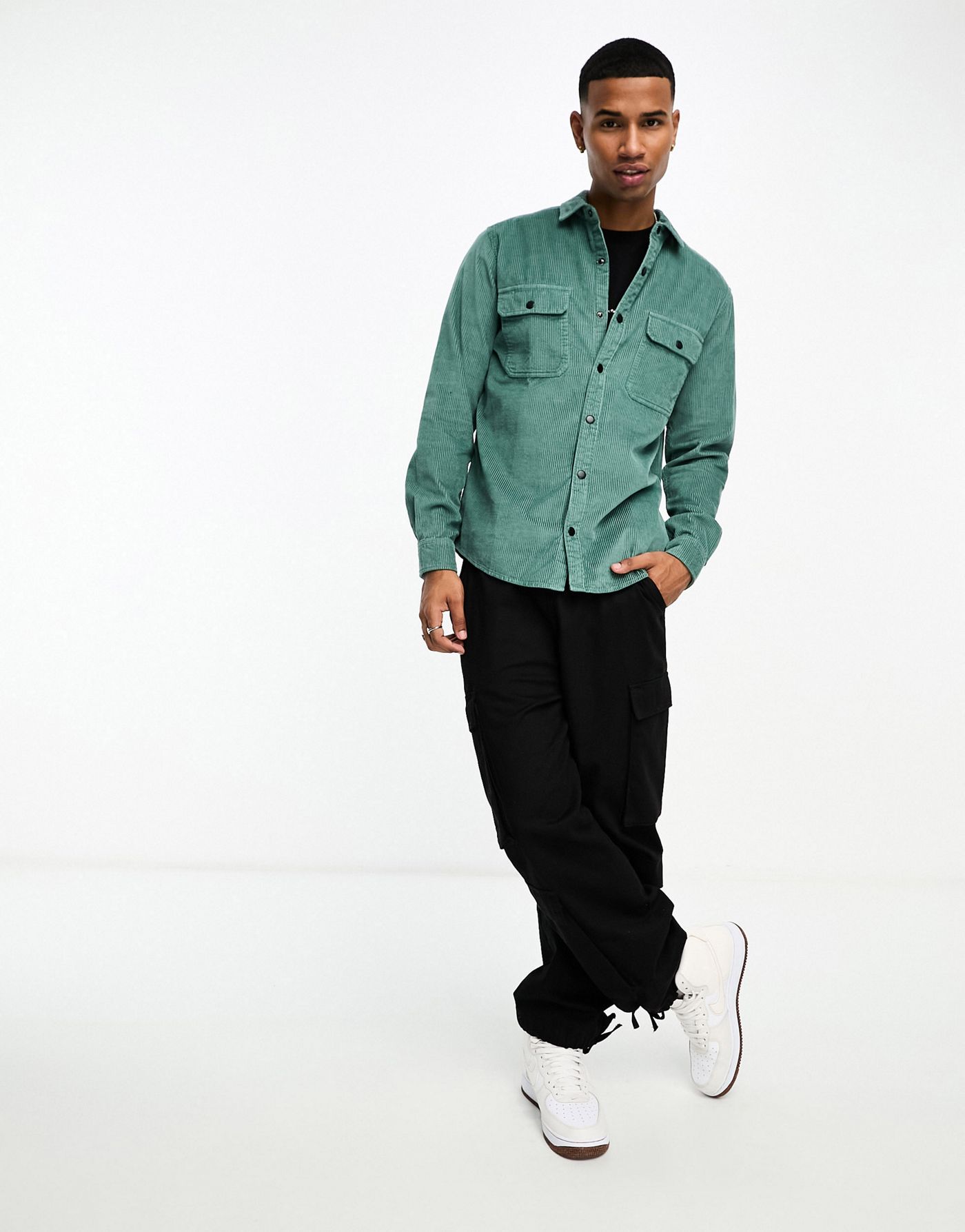 ASOS DESIGN cord overshirt with poppers in teal green