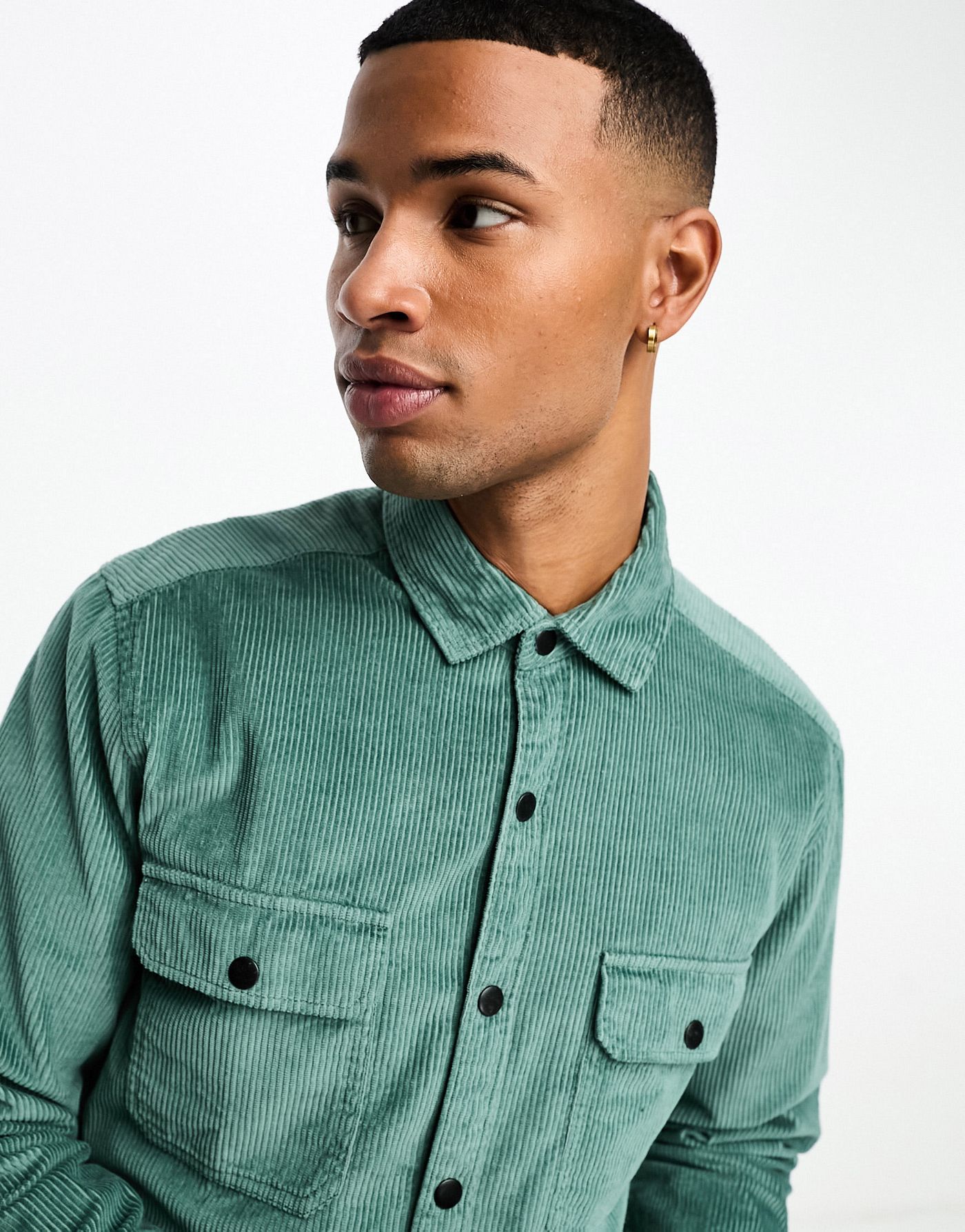 ASOS DESIGN cord overshirt with poppers in teal green