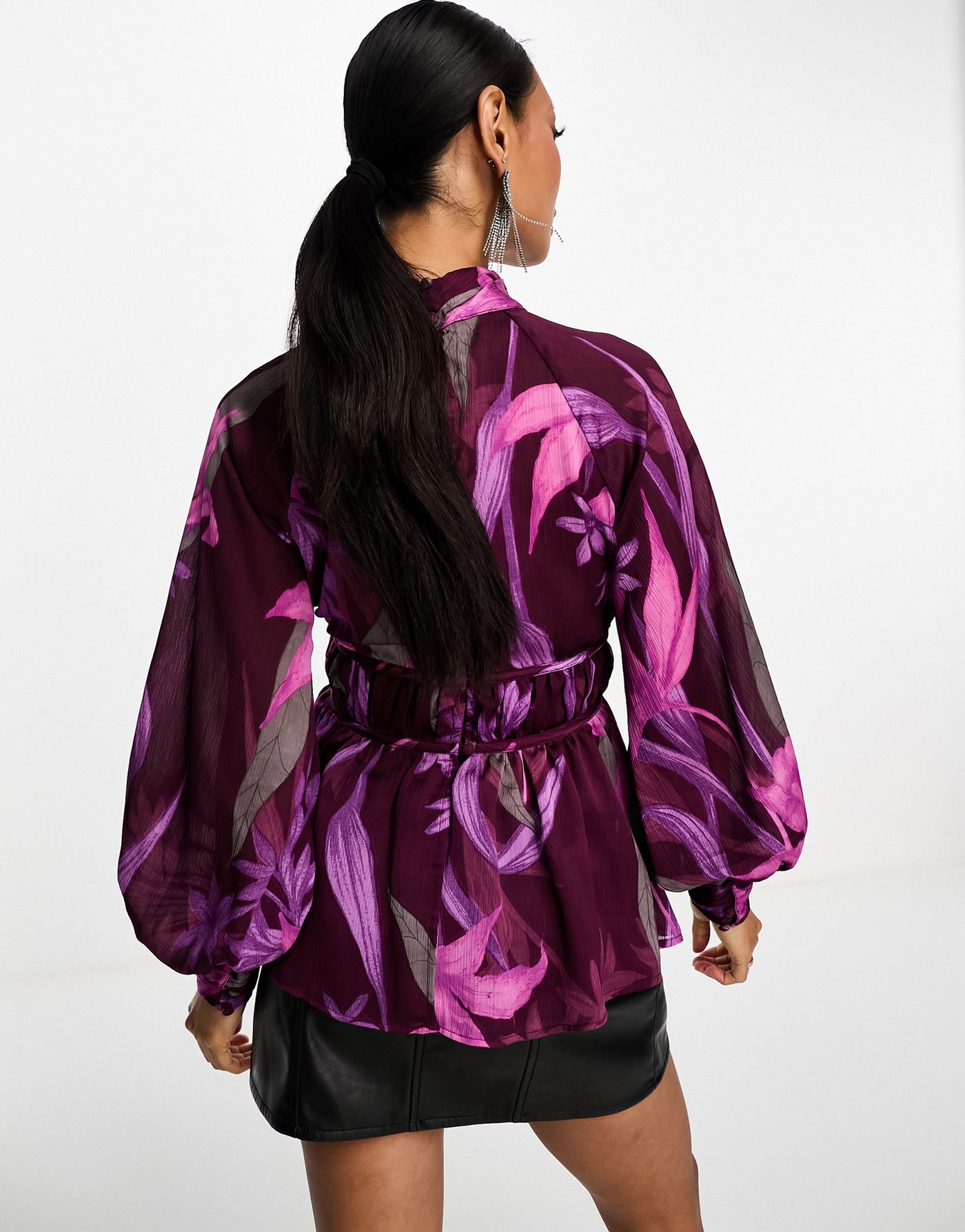 ASOS DSEIGN high neck long sleeve blouse with peplum hem & cut out keyhole detail in bright pink & purple 