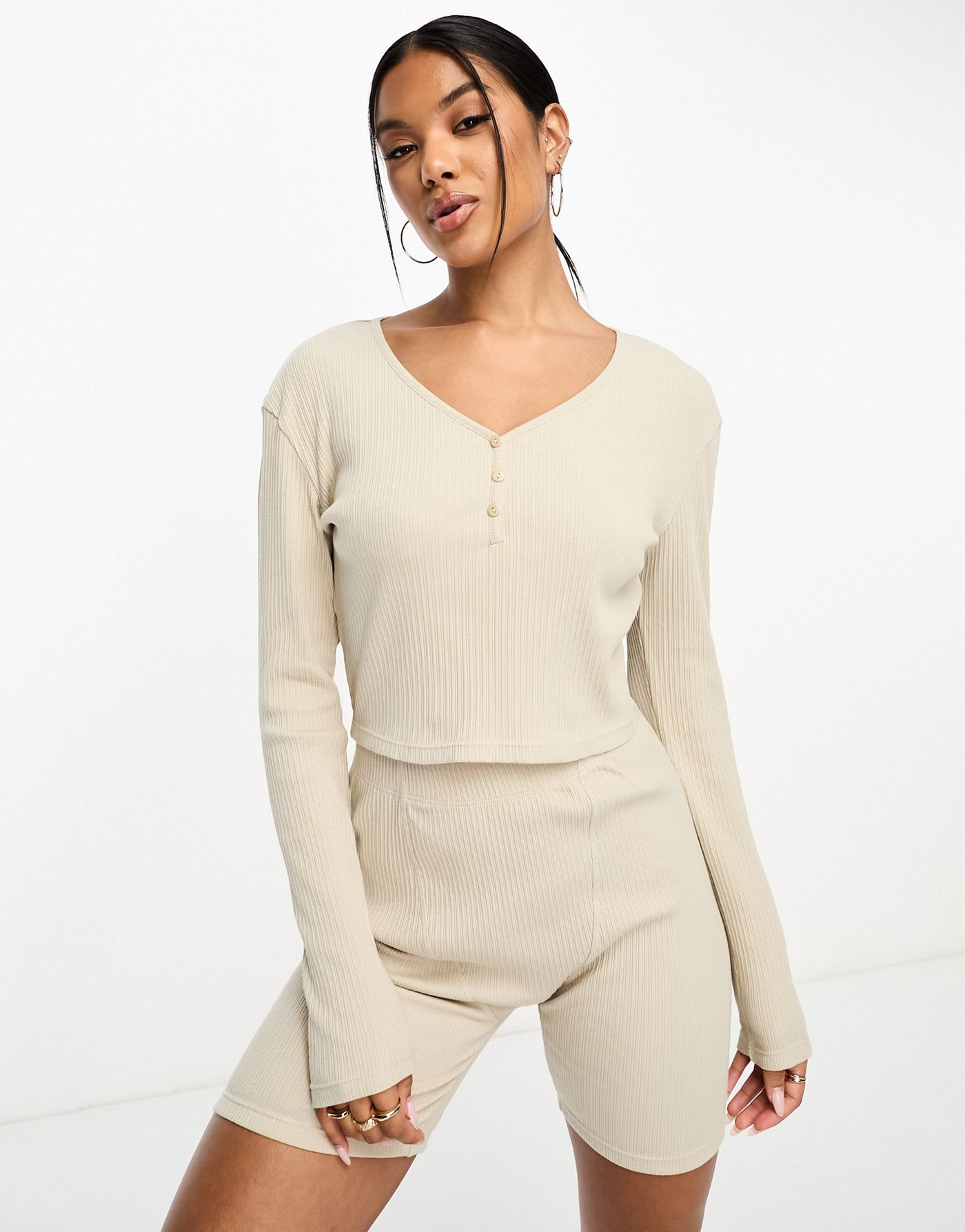 Loungeable jersey button up long sleeve top in oatmeal beige