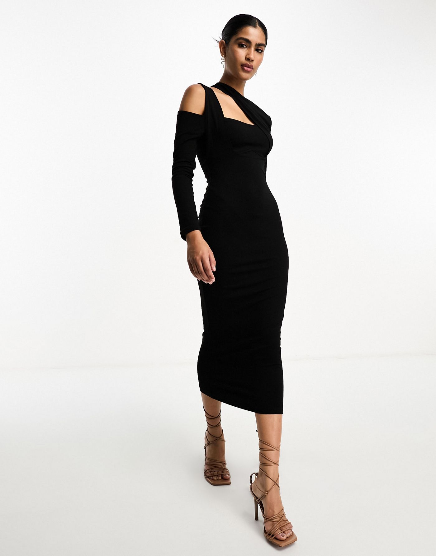 ASOS DESIGN long sleeve midi dress with halter strap detail in black