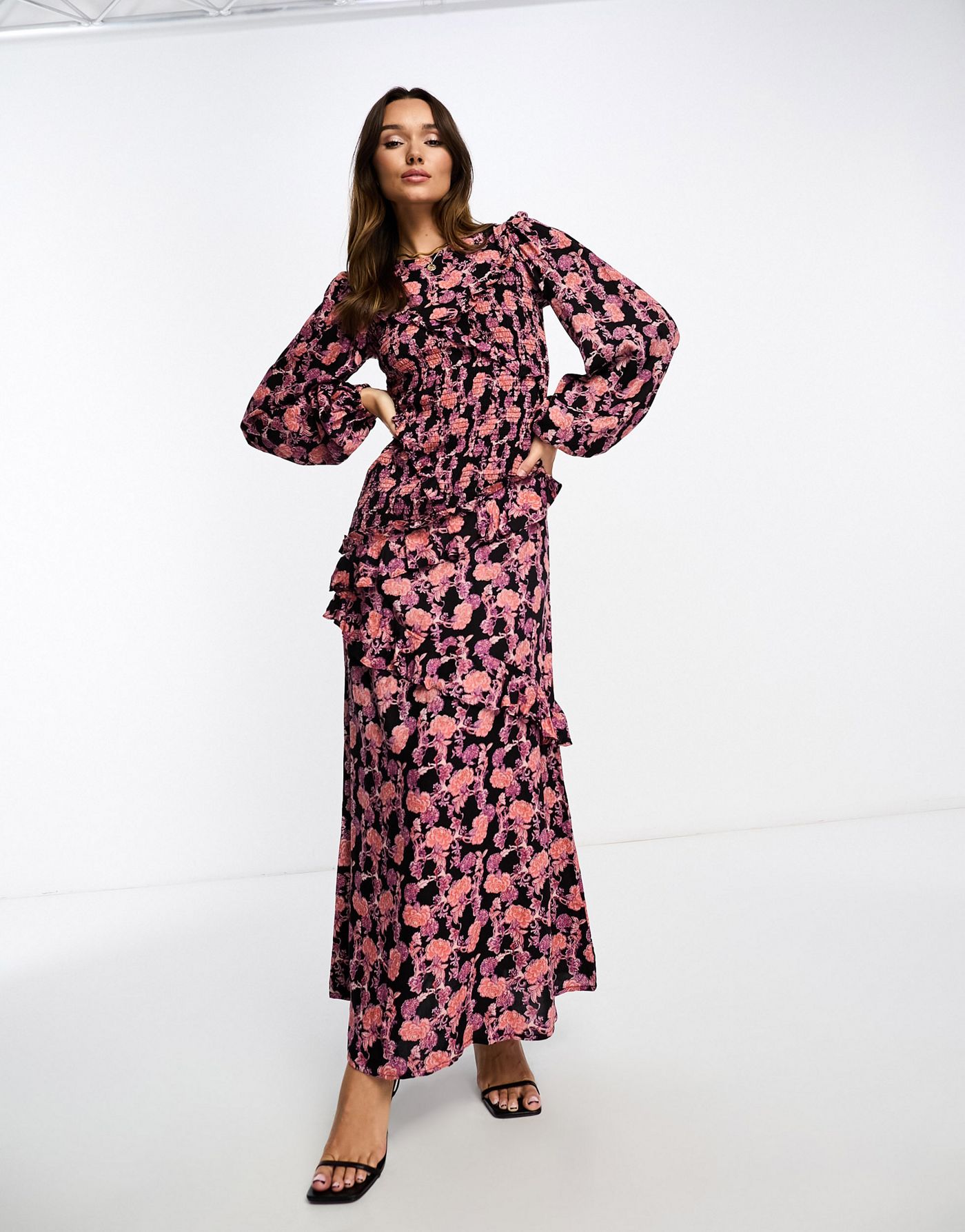 ASOS DESIGN asymmetric ruffle maxi dress with shirring detail in dark floral print