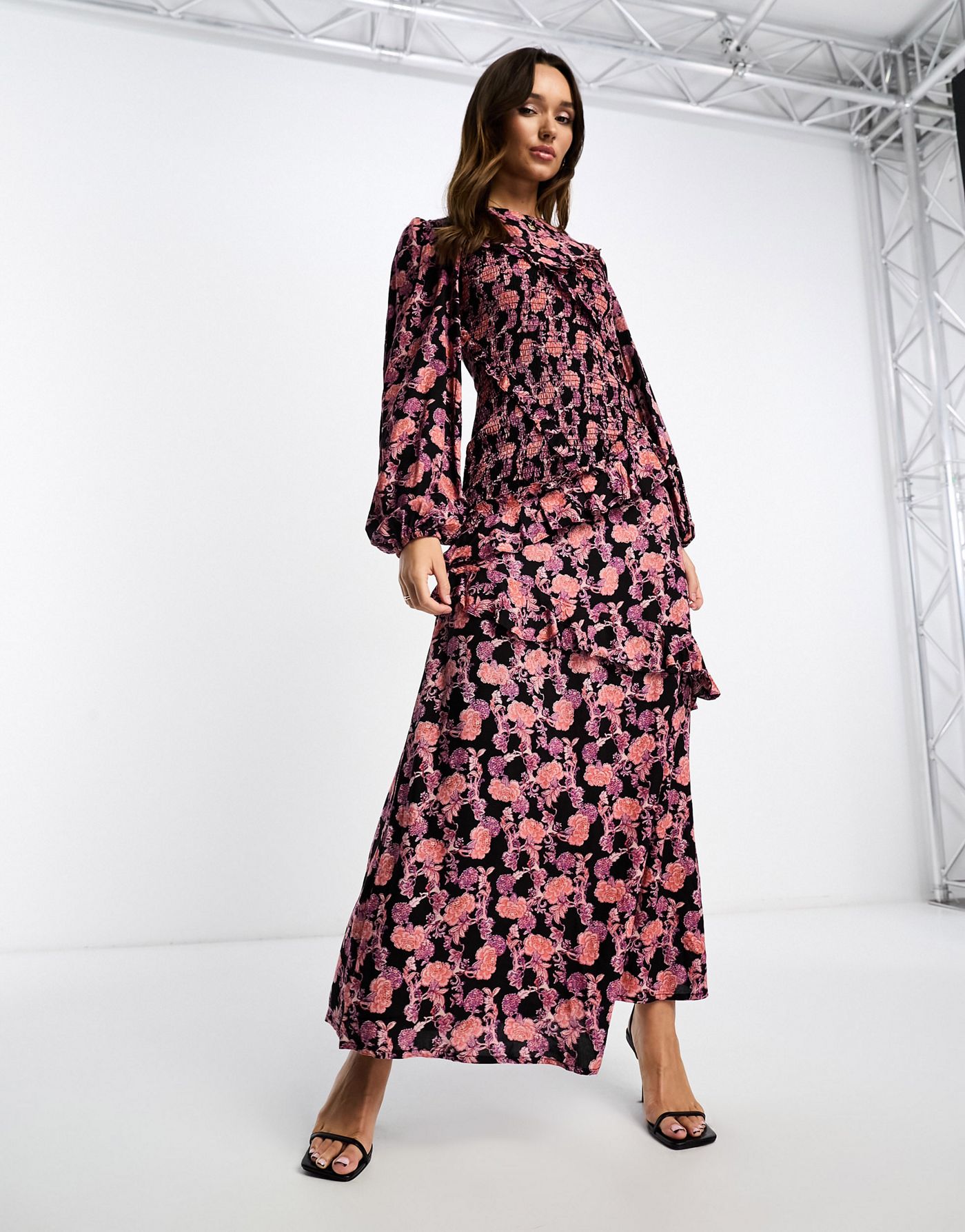 ASOS DESIGN asymmetric ruffle maxi dress with shirring detail in dark floral print