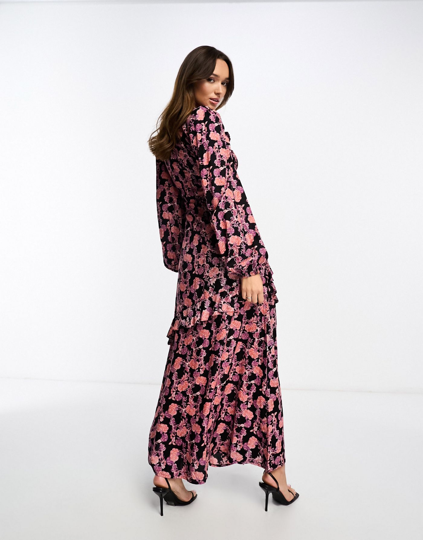 ASOS DESIGN asymmetric ruffle maxi dress with shirring detail in dark floral print