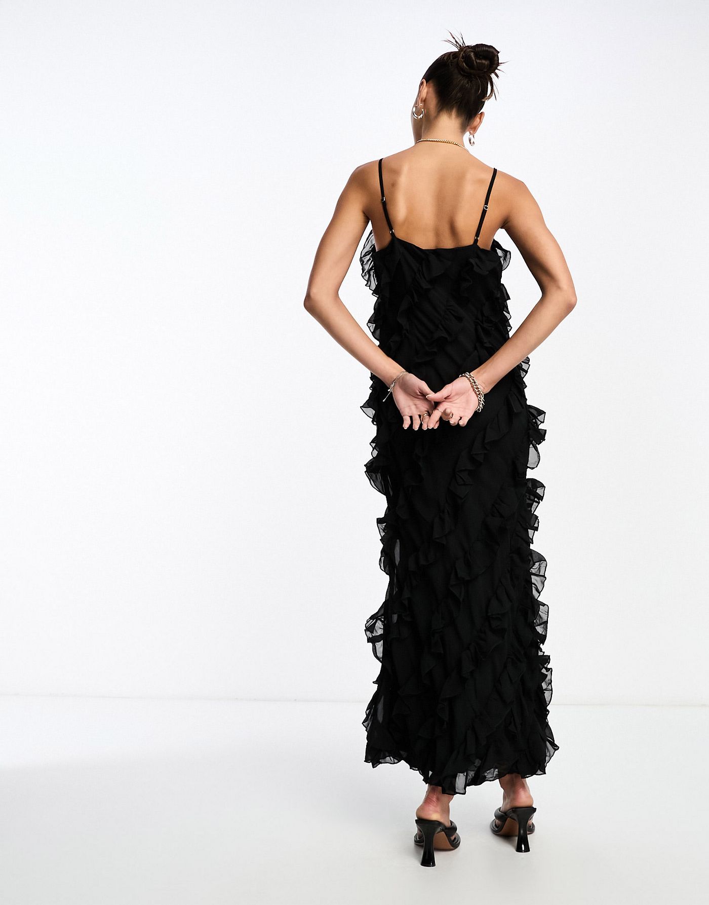 NA-KD all over frill maxi dress in black