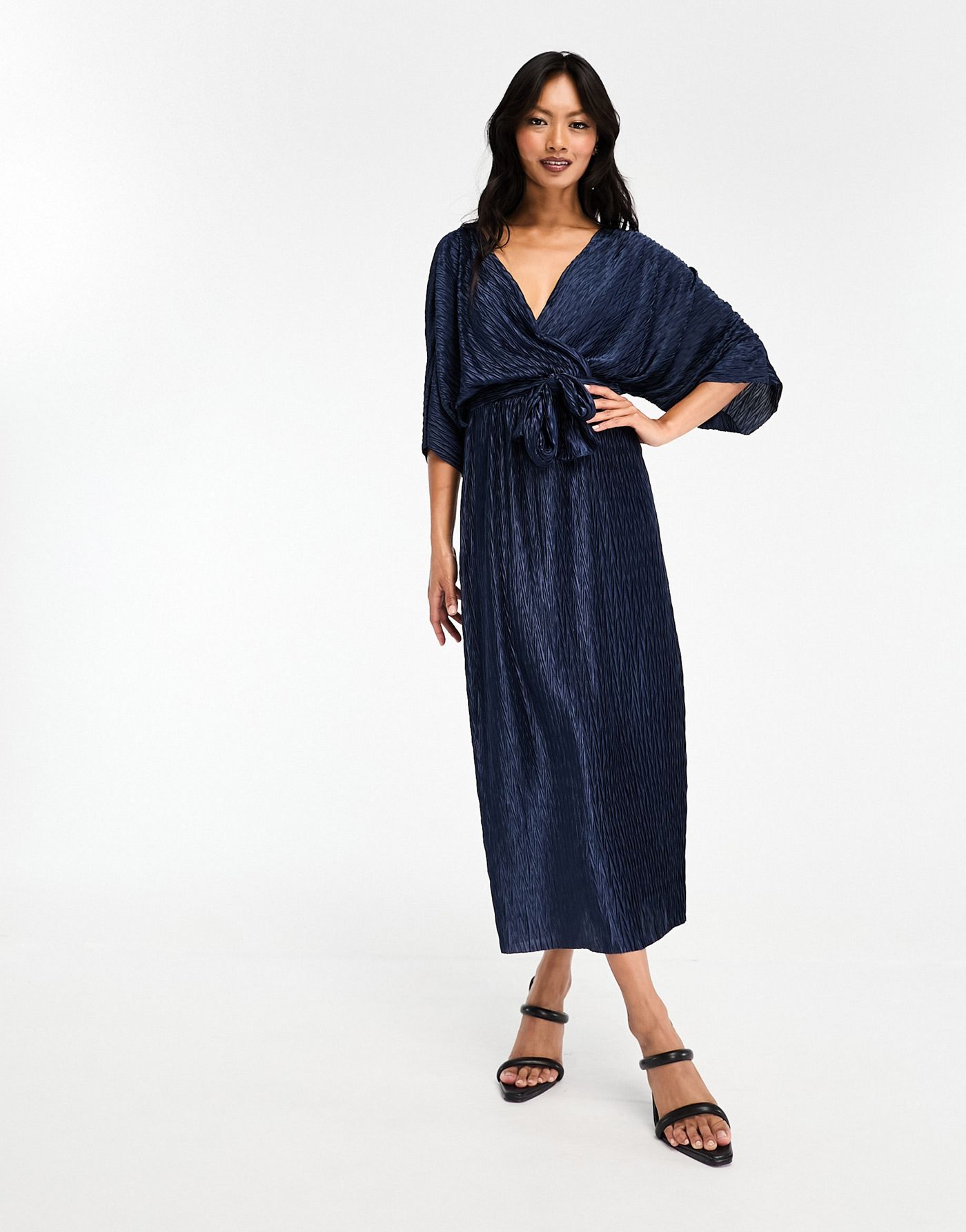 Y.A.S plisse midi dress with tie waist in rich navy