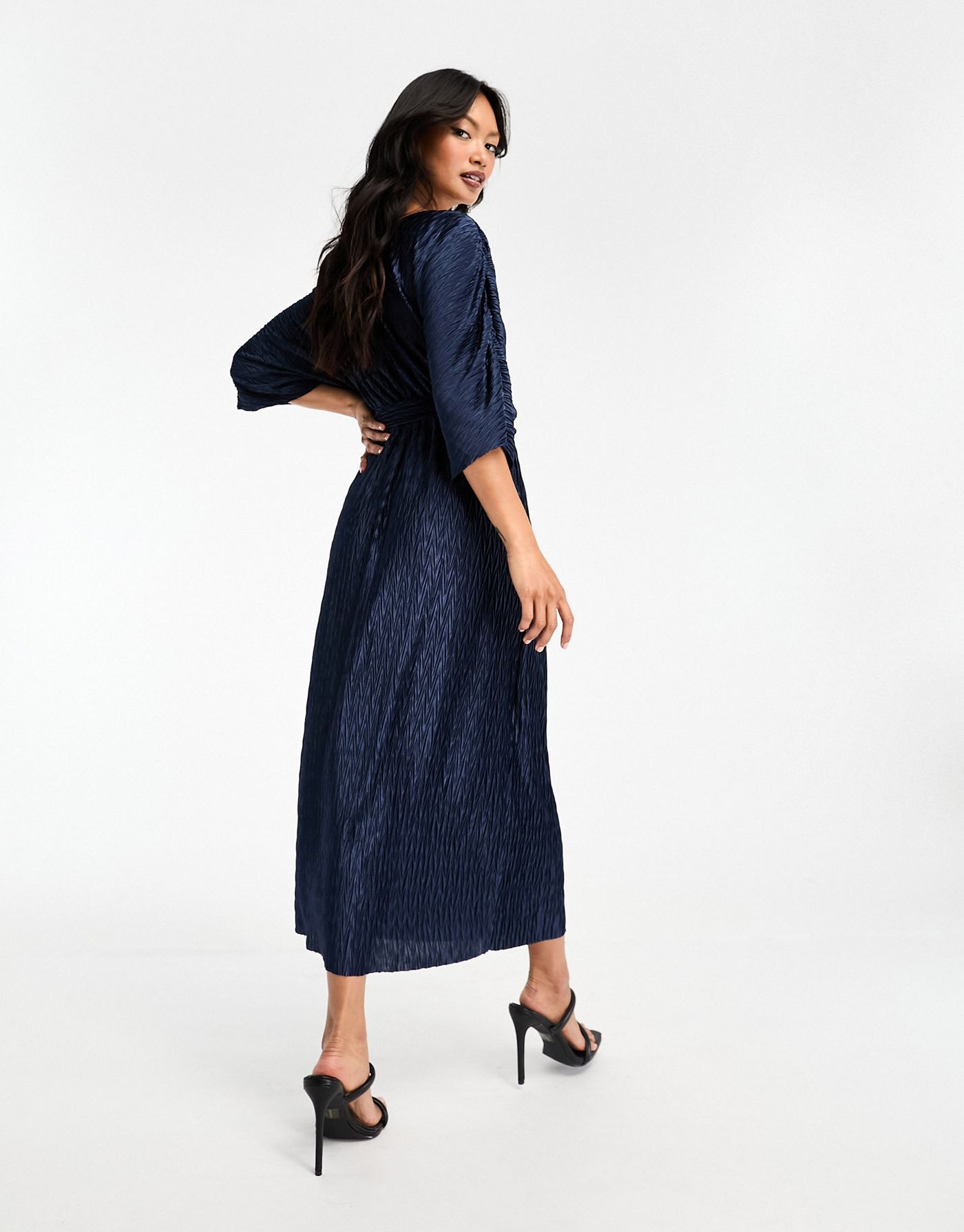 Y.A.S plisse midi dress with tie waist in rich navy