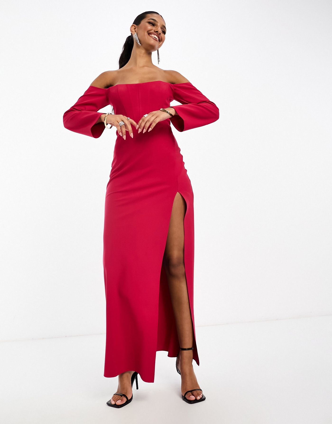 ASOS DESIGN bardot long sleeve maxi dress with corset detail in pink