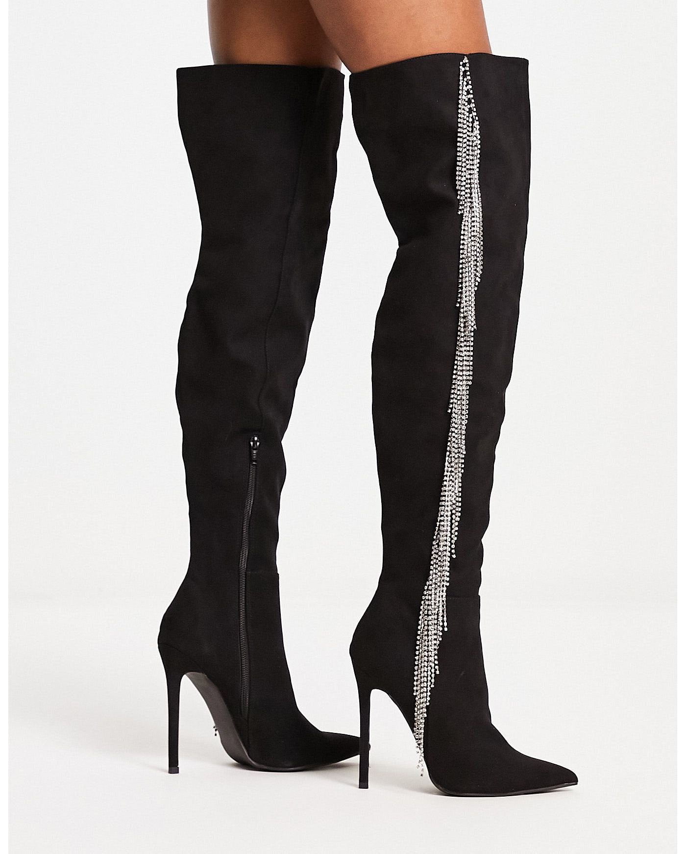 ASOS DESIGN Kim embellished heeled over the knee boots in black