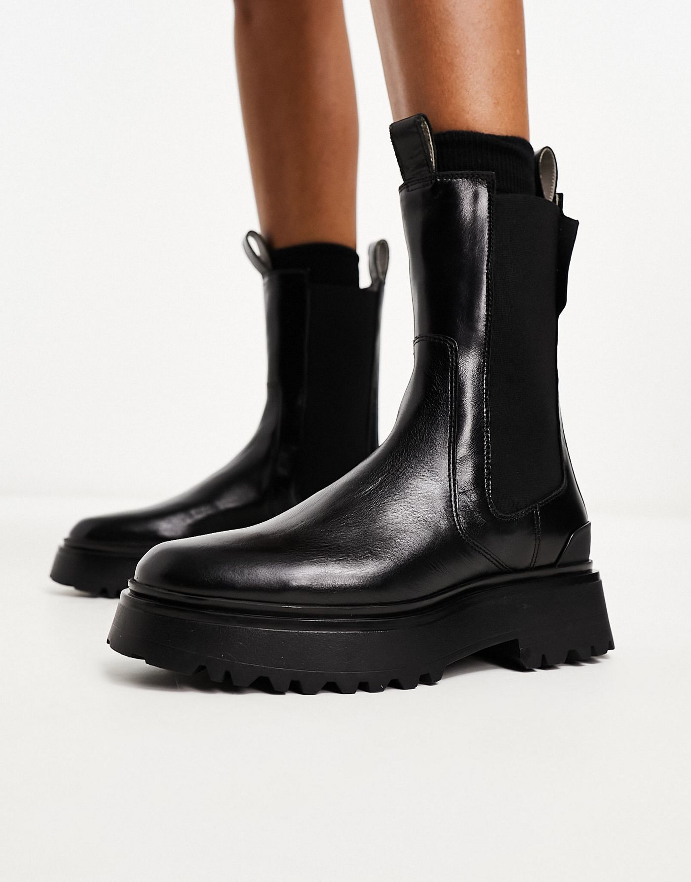 AllSaints Amber leather chunky tall chelsea boots in black