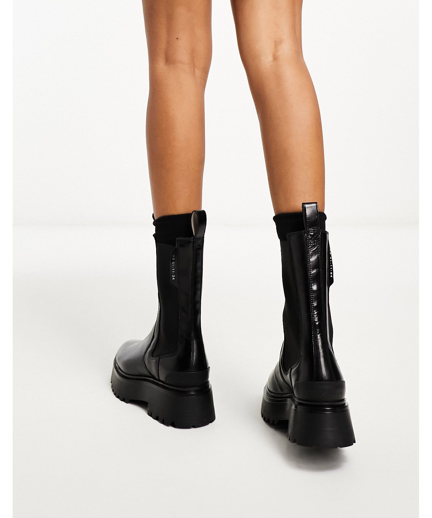 AllSaints Amber leather chunky tall chelsea boots in black