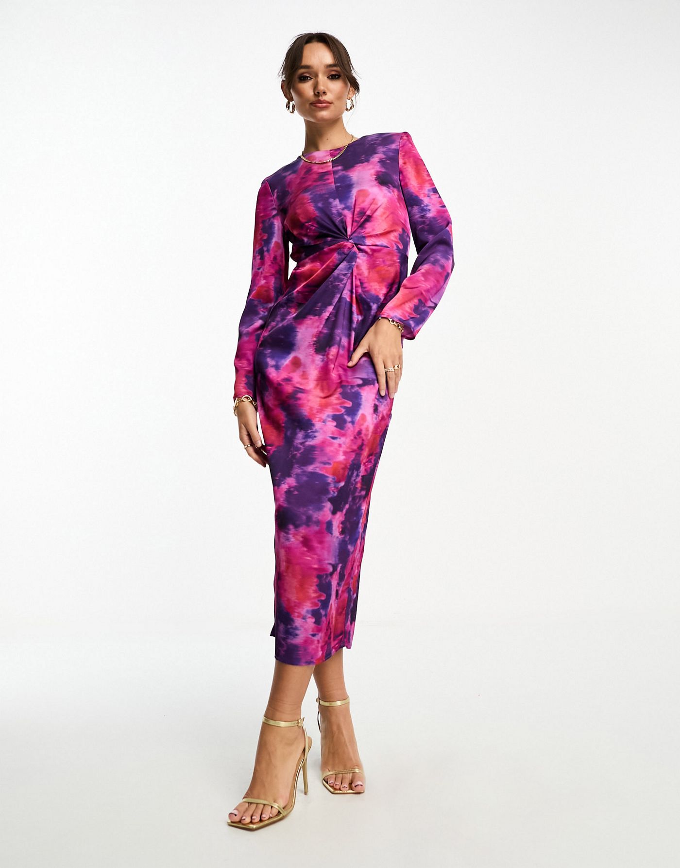 Vila knot front satin midi dress in abstract print