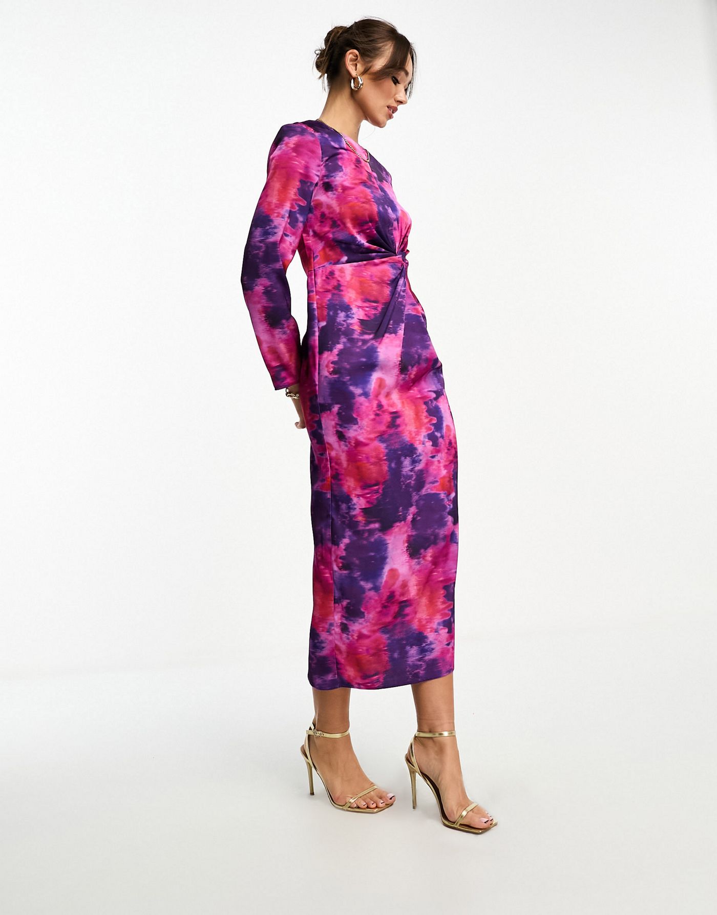 Vila knot front satin midi dress in abstract print