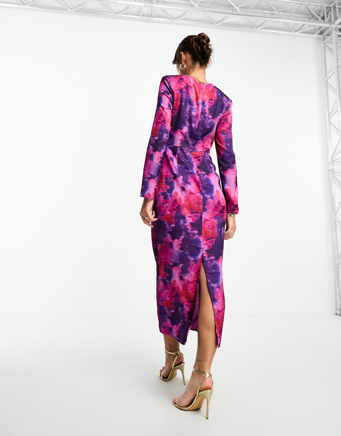 Vila knot front satin midi dress in abstract print