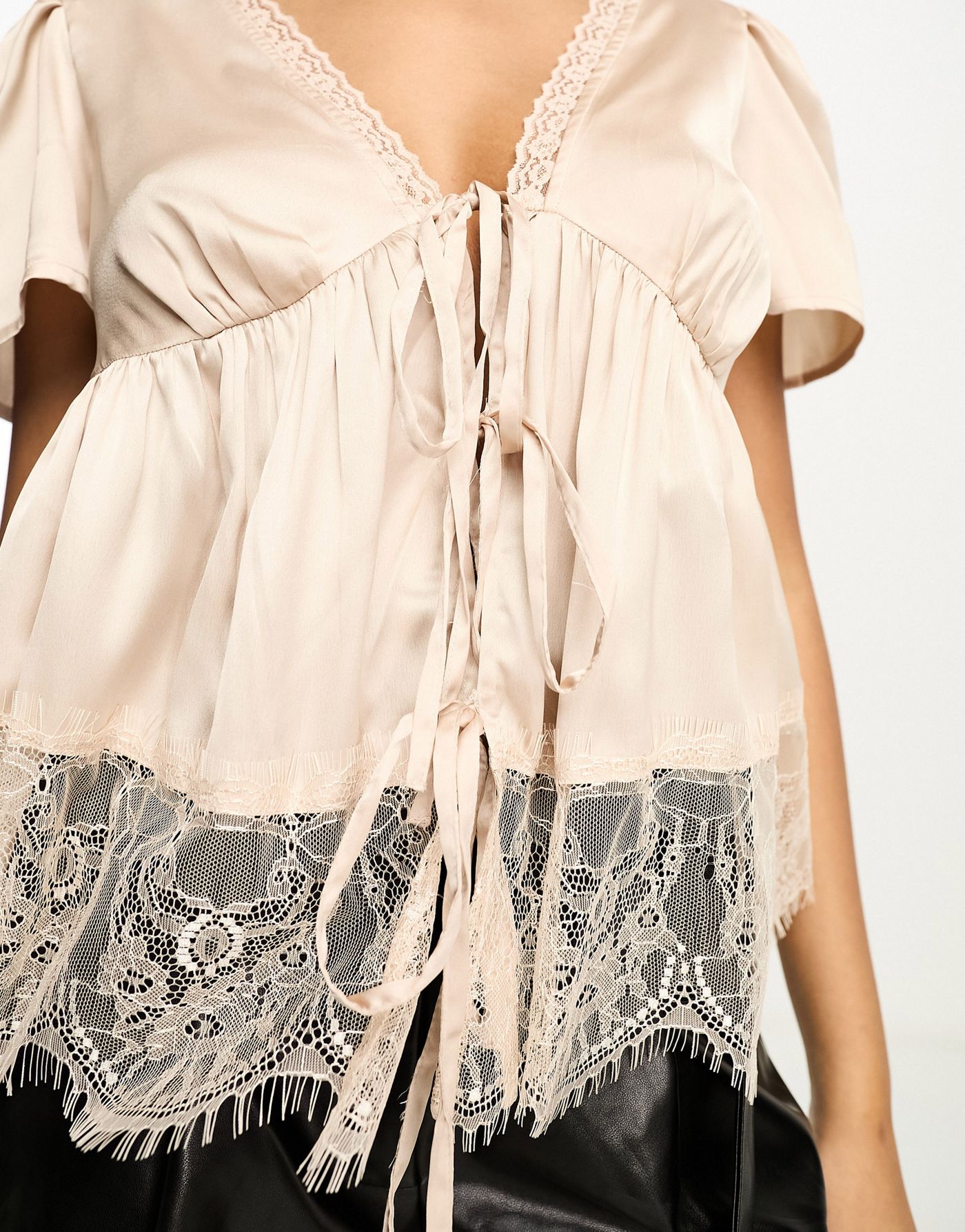 River Island satin blouse with lace trim in gold