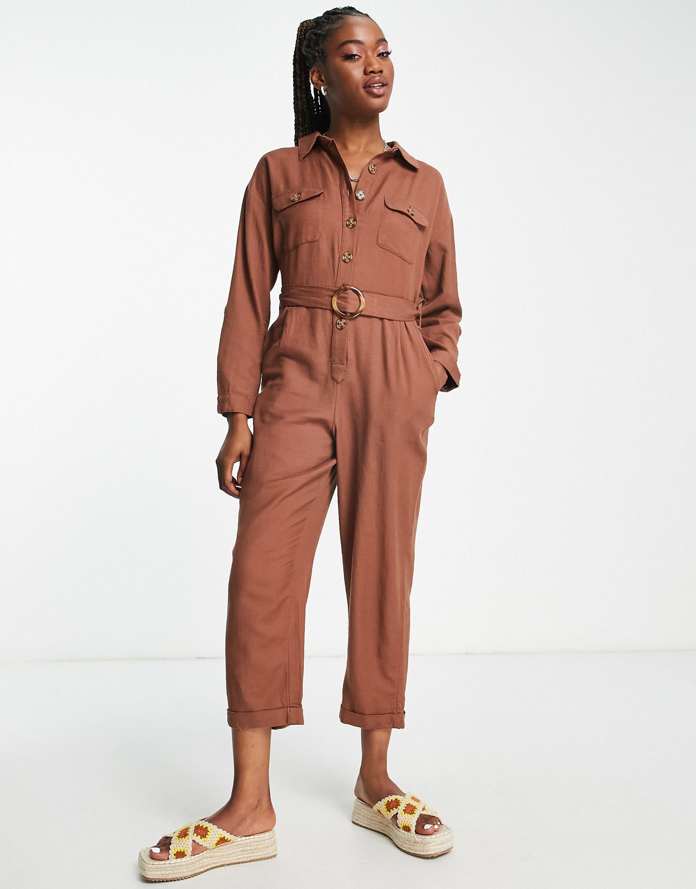New Look button through utility jumpsuit in brown