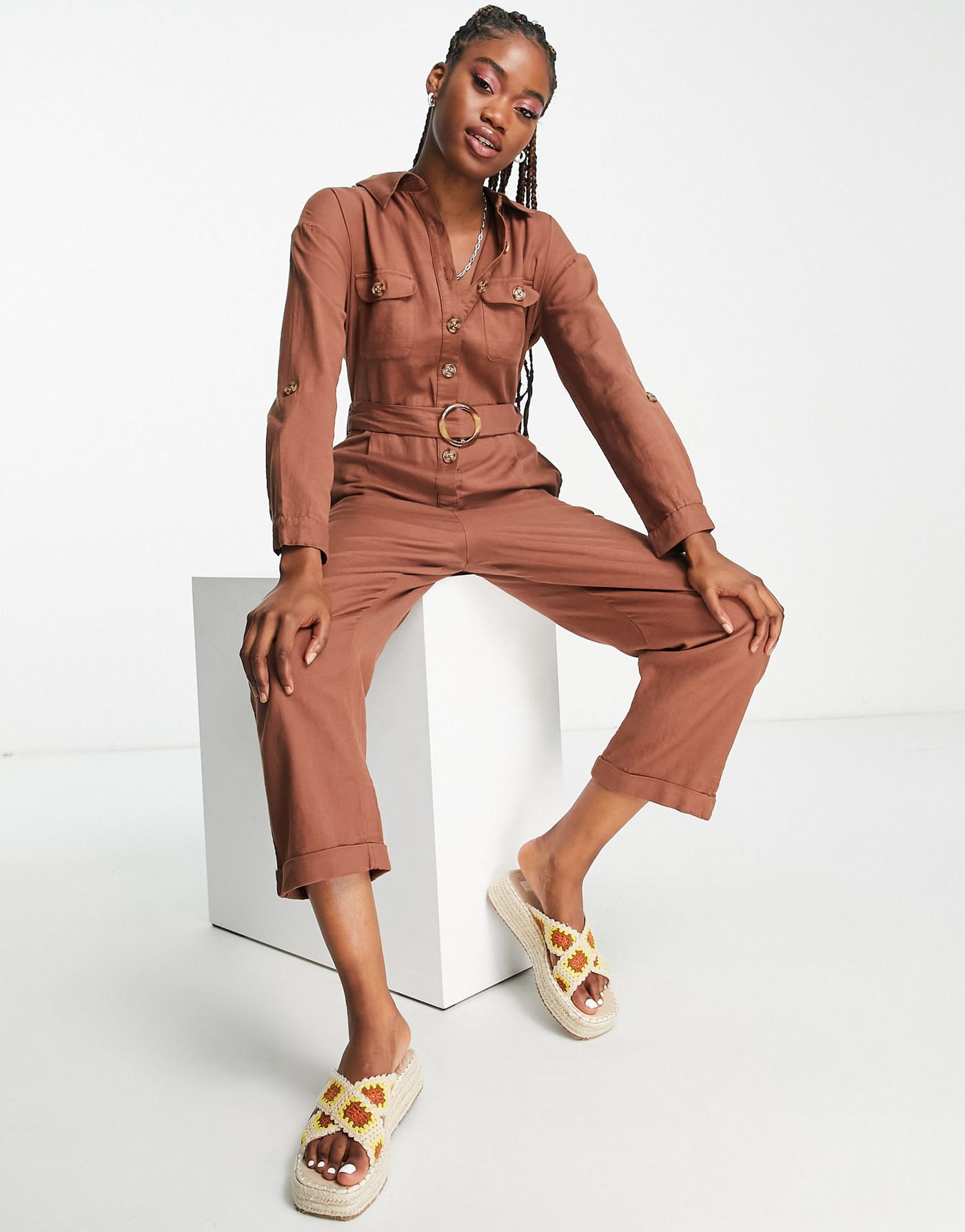New Look button through utility jumpsuit in brown