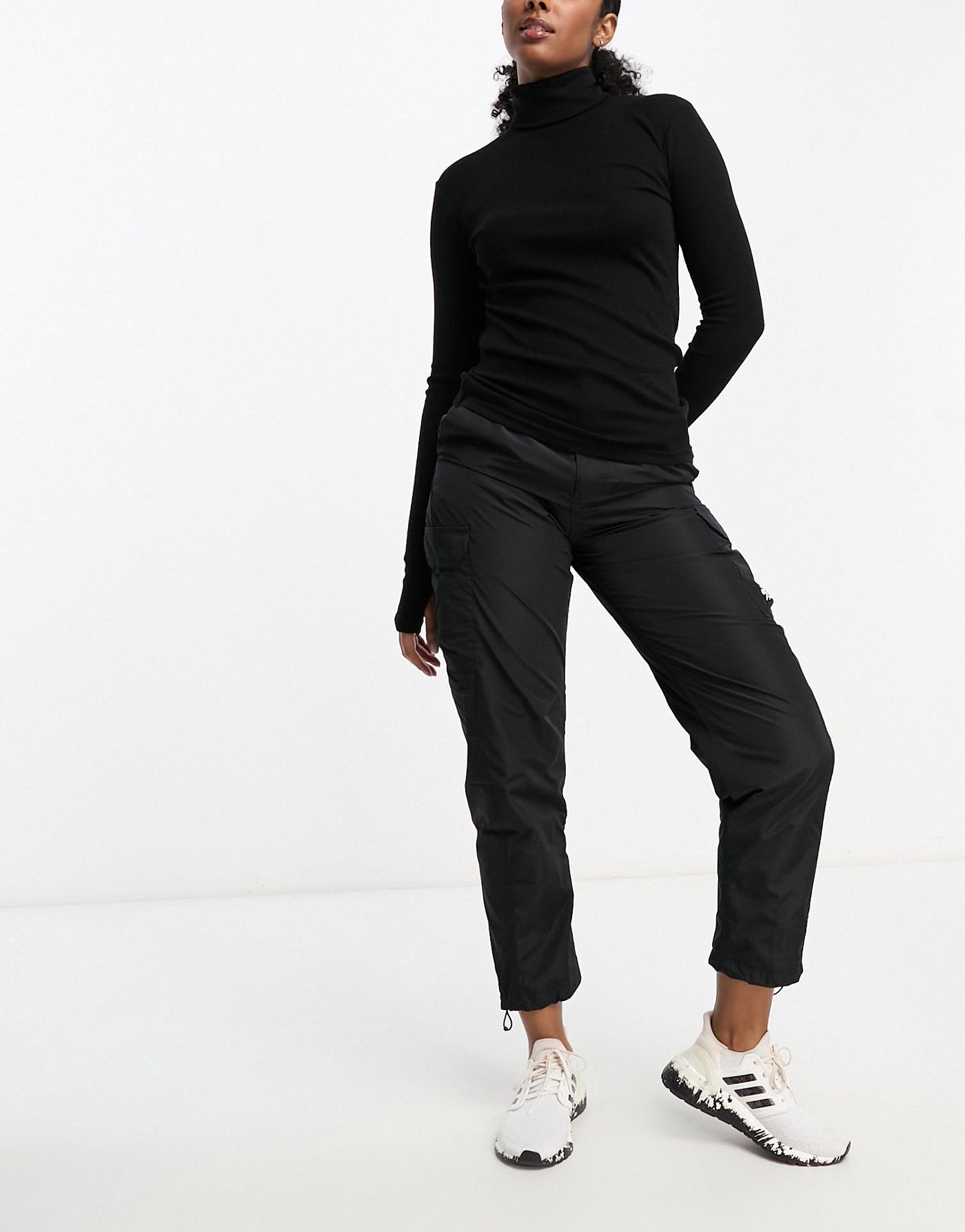 Lindex ribbed merino wool roll neck base layer top with thumb hole detail in black