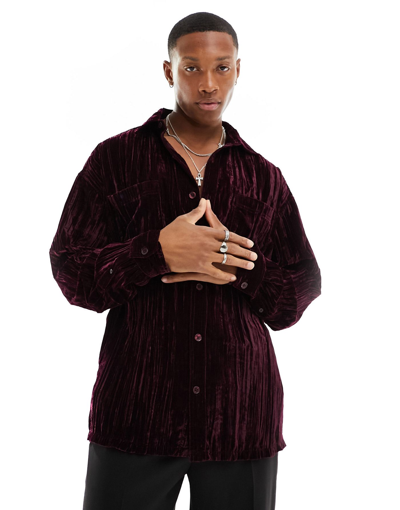 ASOS DESIGN 90s oversized shirt with double pockets in crinkle velvet