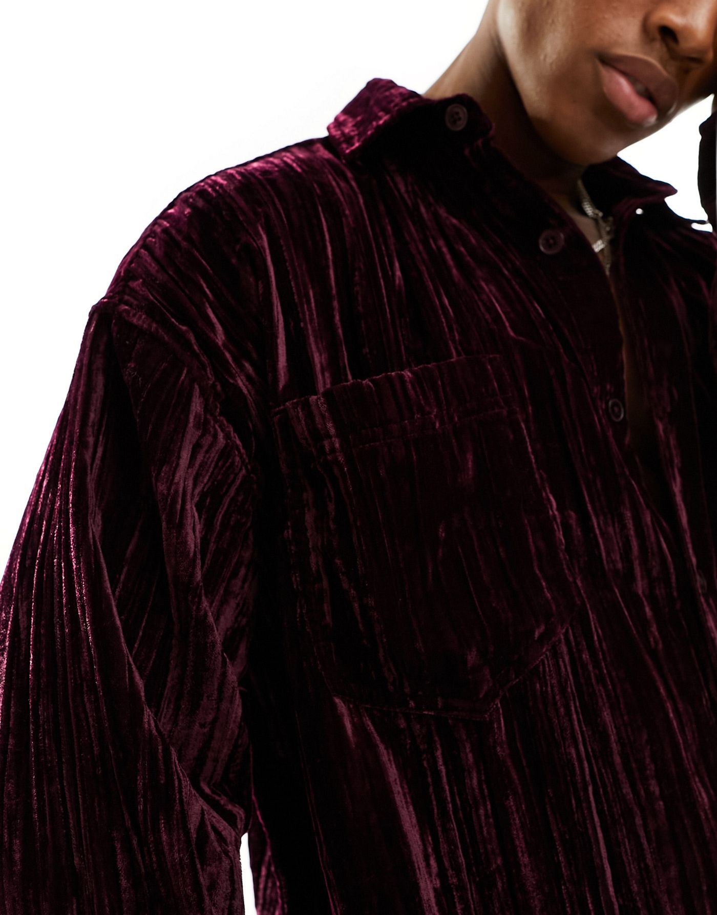 ASOS DESIGN 90s oversized shirt with double pockets in crinkle velvet