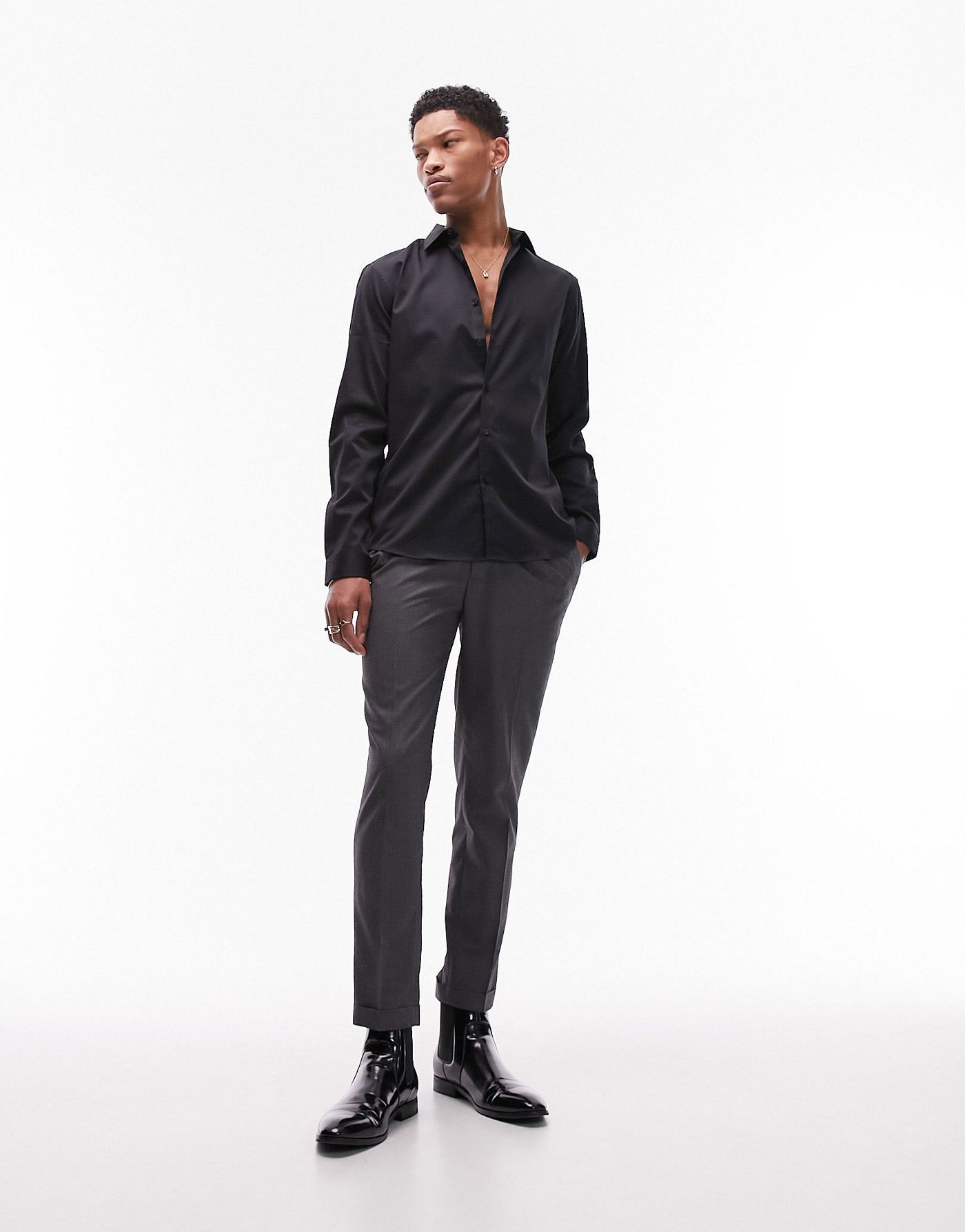 Topman long sleeve sateen shirt in black