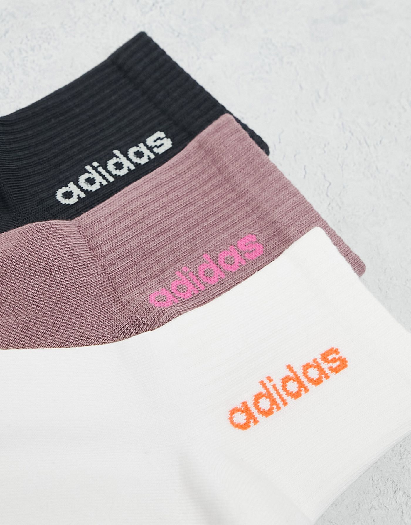 Adidas performance mid 3 pack socks in black, white and purple