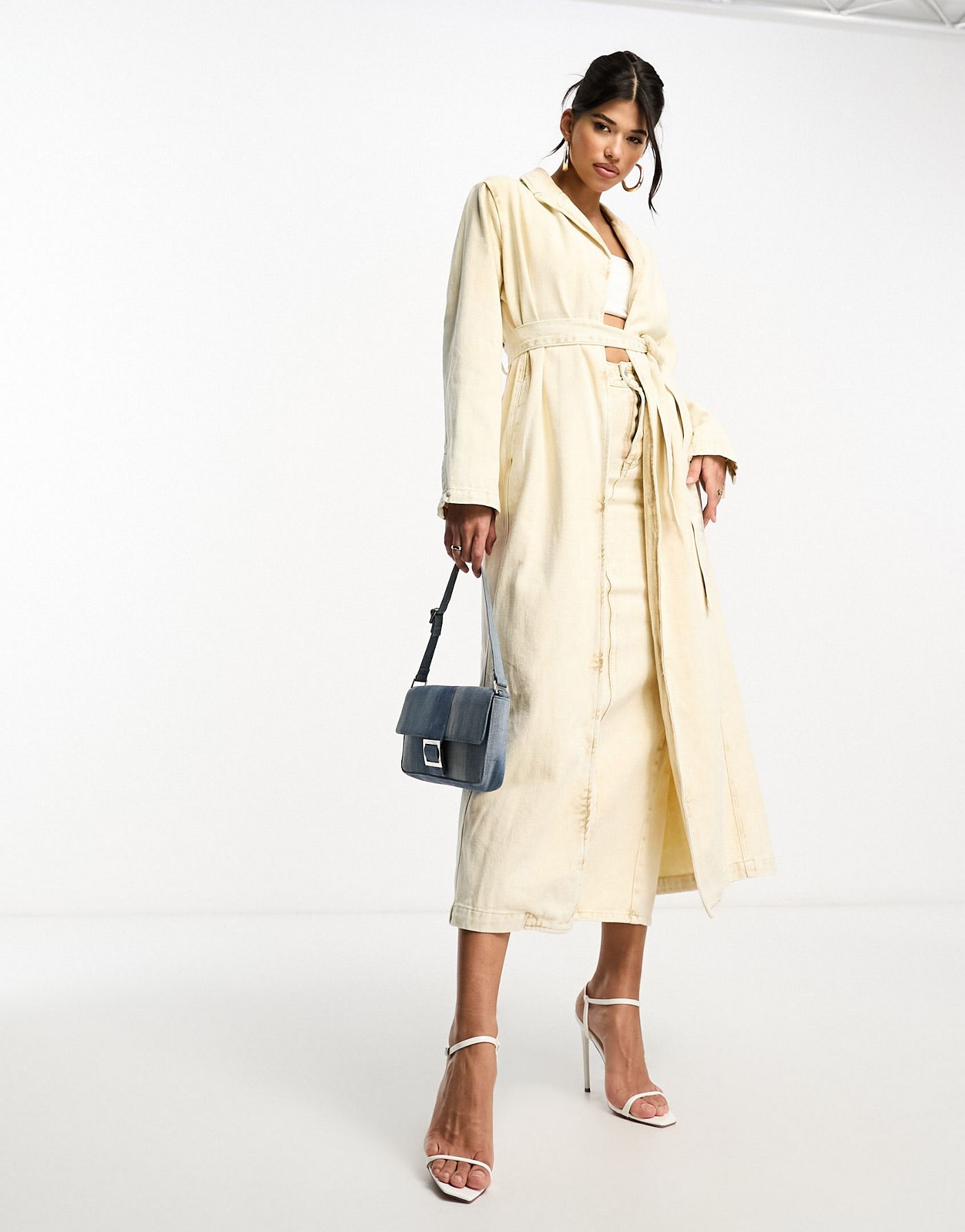 Kyo The Brand denim belted trench coat co-ord in washed sand