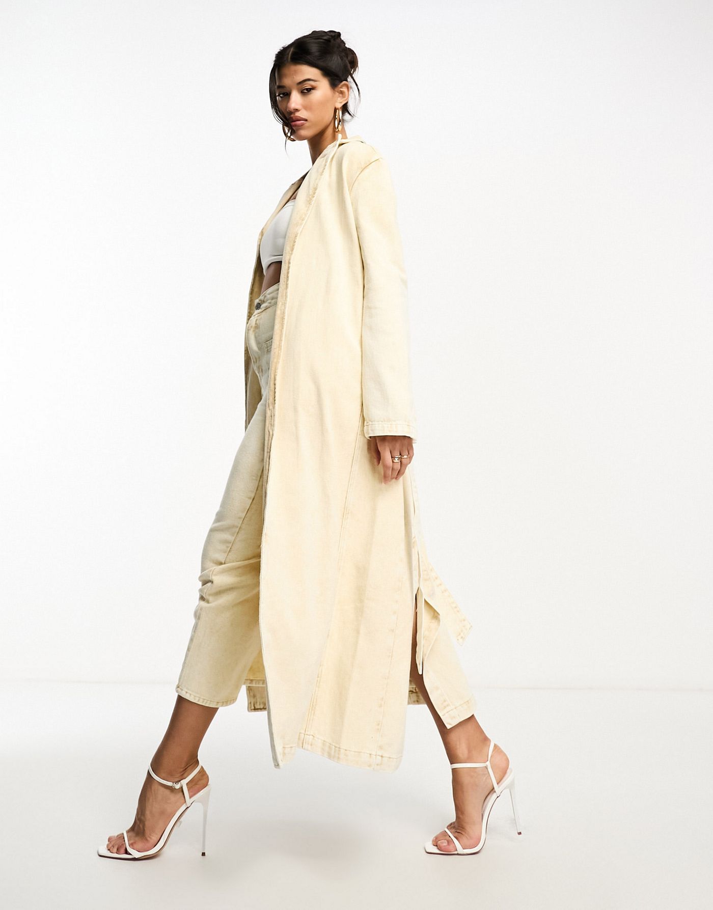 Kyo The Brand denim belted trench coat co-ord in washed sand