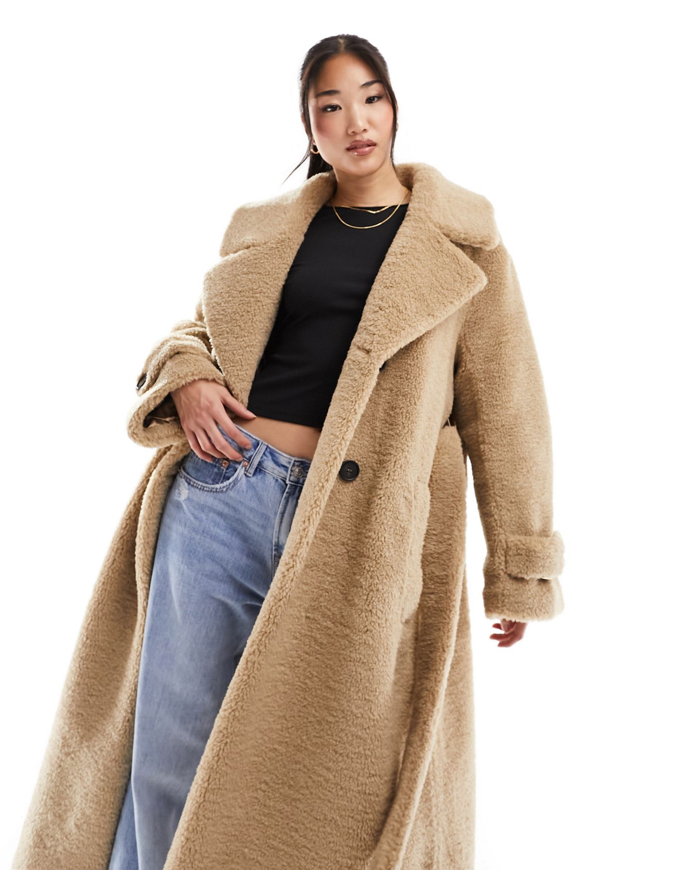 ASOS DESIGN longline borg trench coat in oat