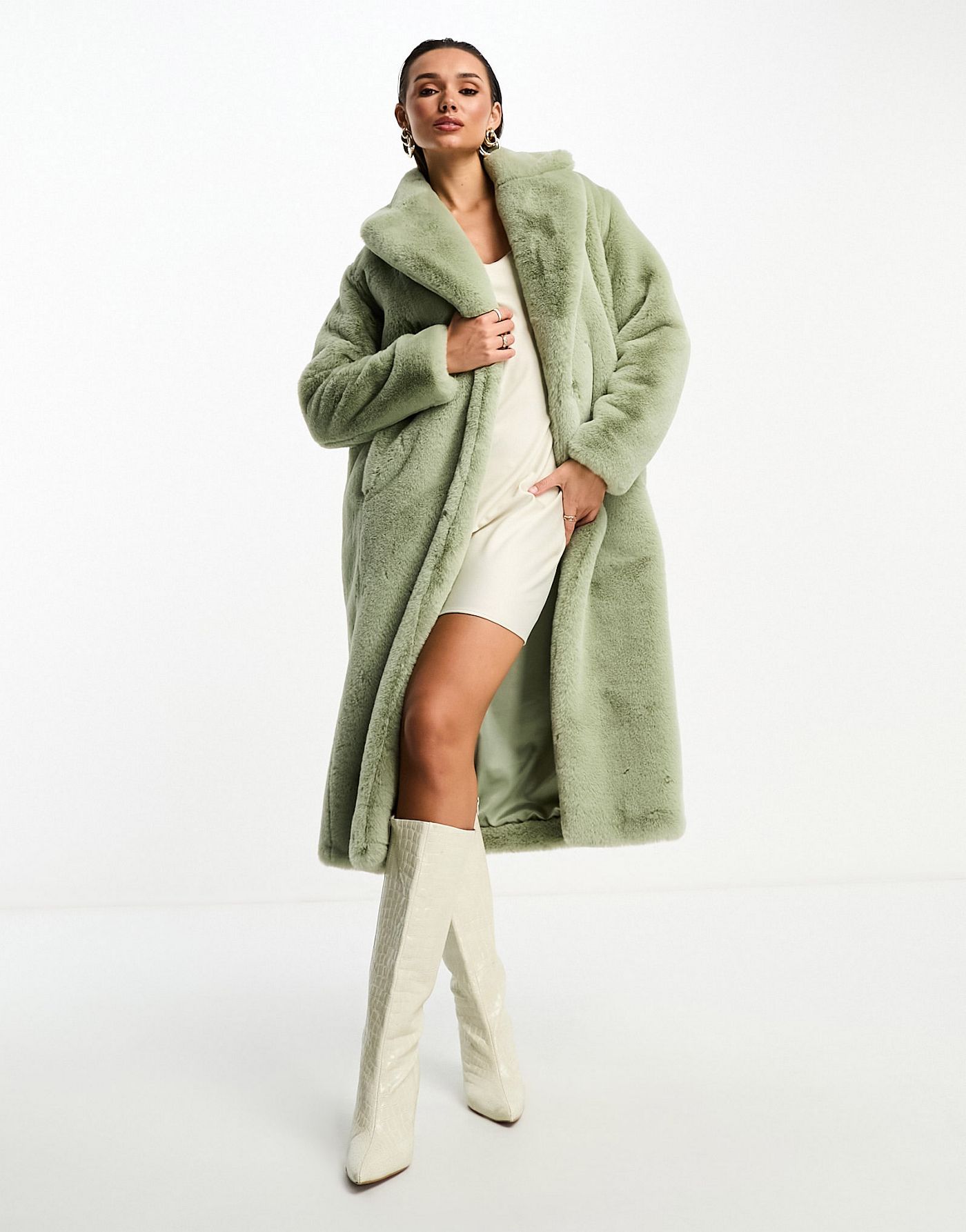 Forever New faux fur maxi coat in soft olive