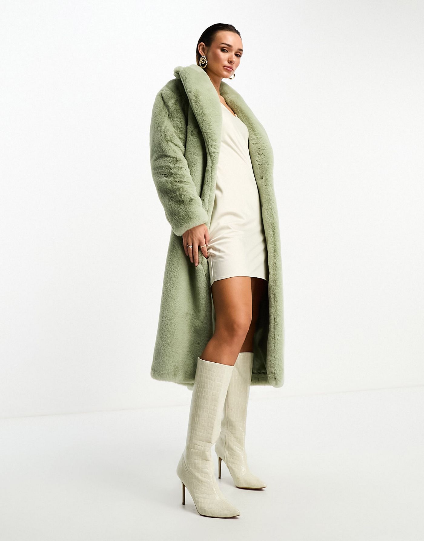 Forever New faux fur maxi coat in soft olive