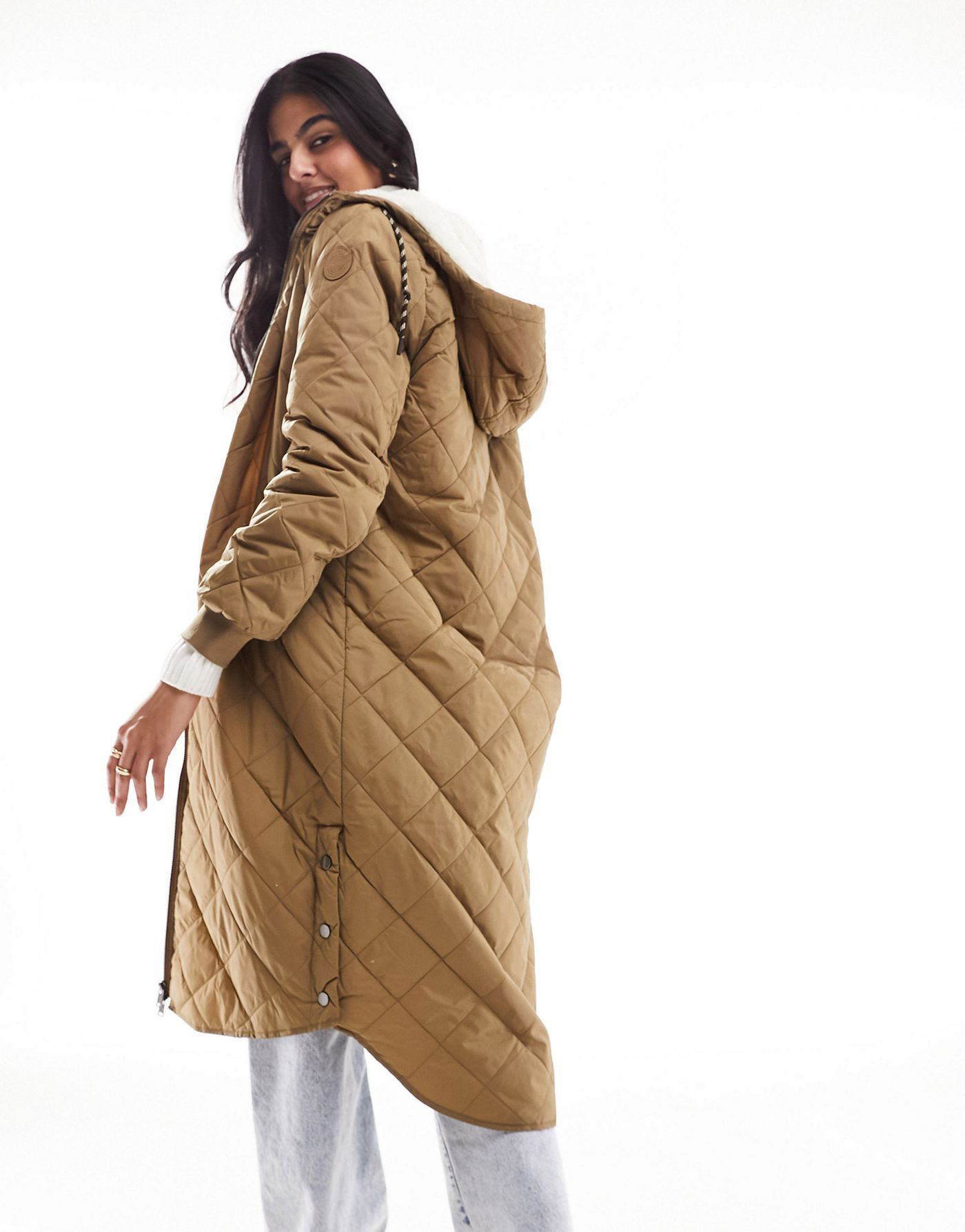 Only quilted longline coat with teddy hood in camel 