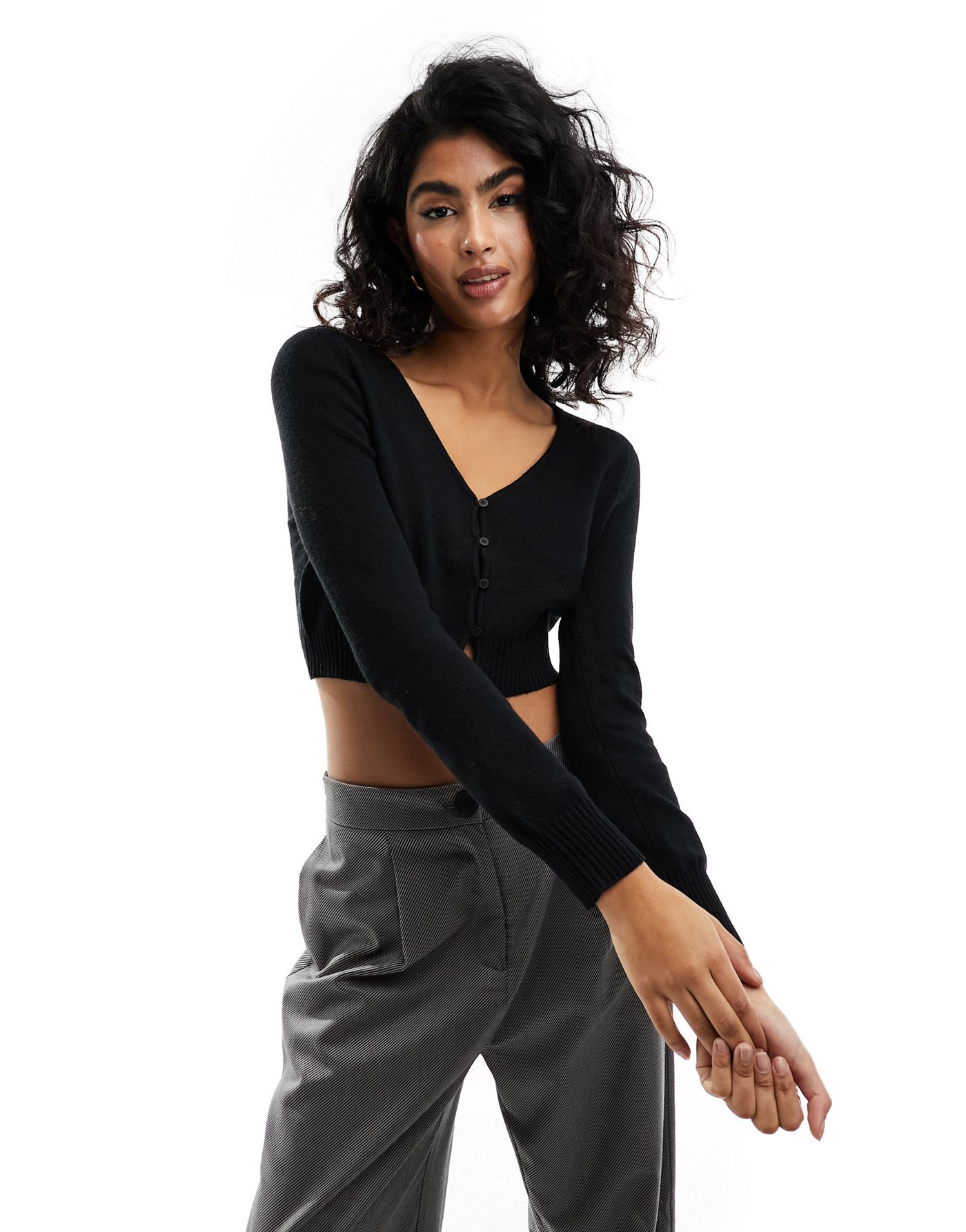 Cotton:On Everfine Crop V Neck Button Cardigan in black