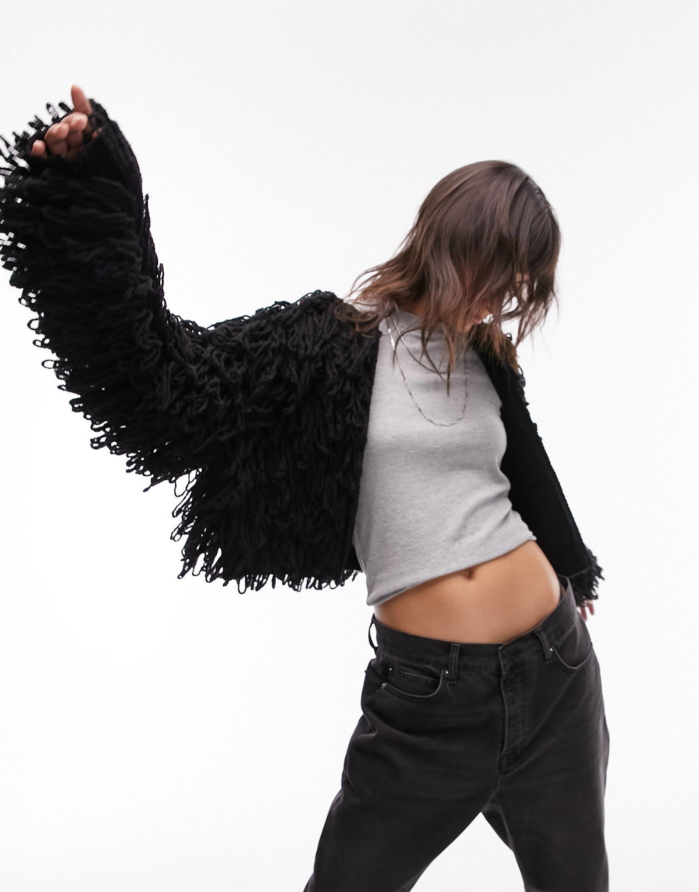 Topshop knitted shaggy cardigan in black