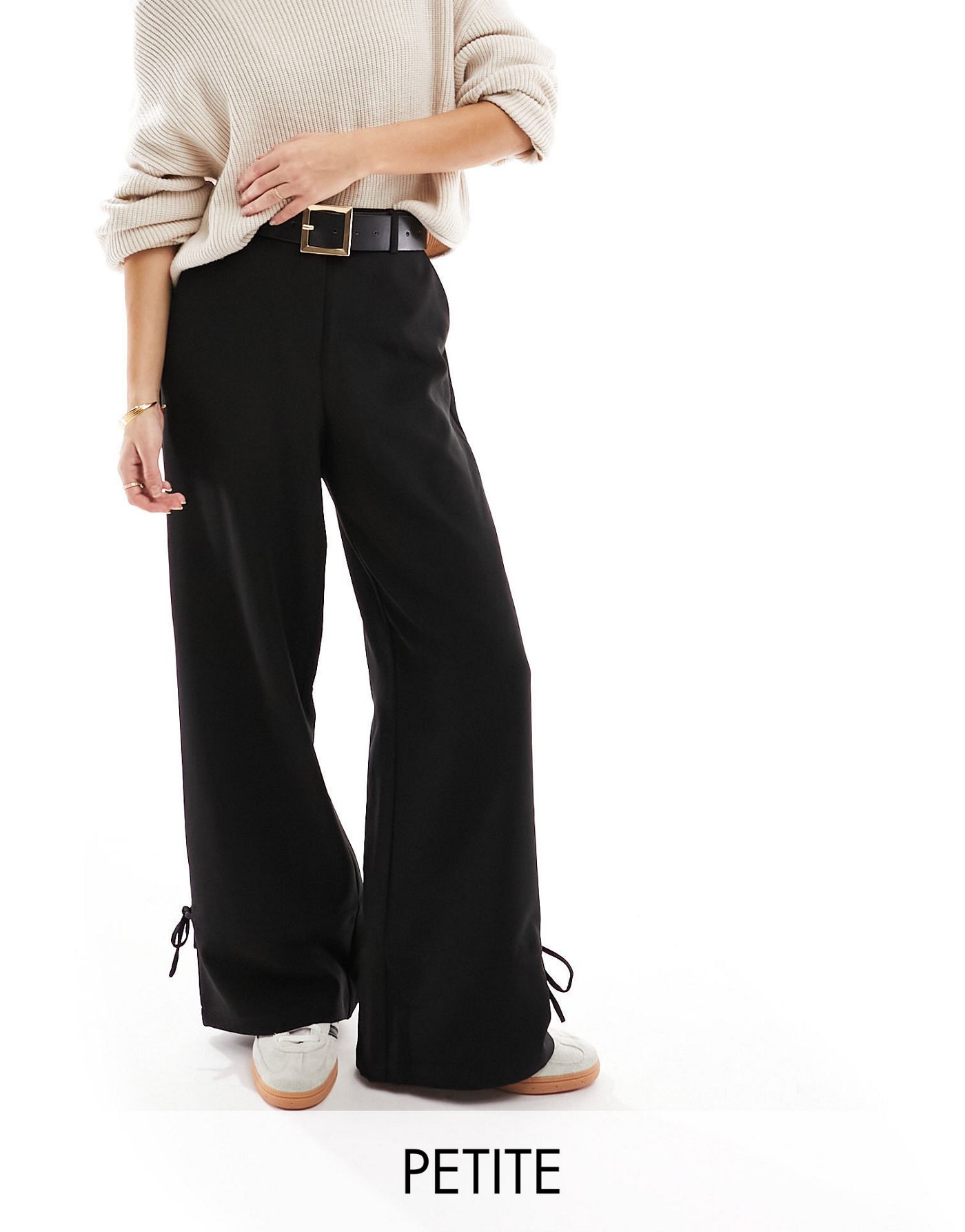 Pieces Petite high wasited tailored trousers with tie detail in black