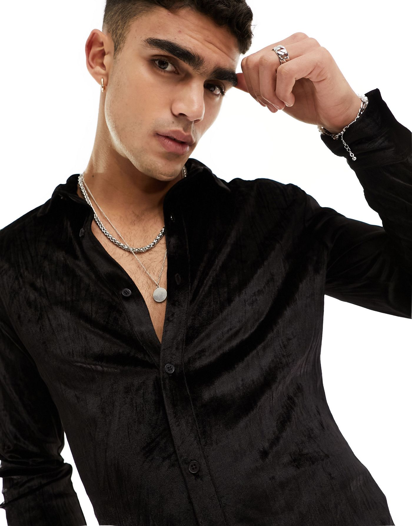 ASOS DESIGN skinny crushed velvet shirt with concealed placket in black