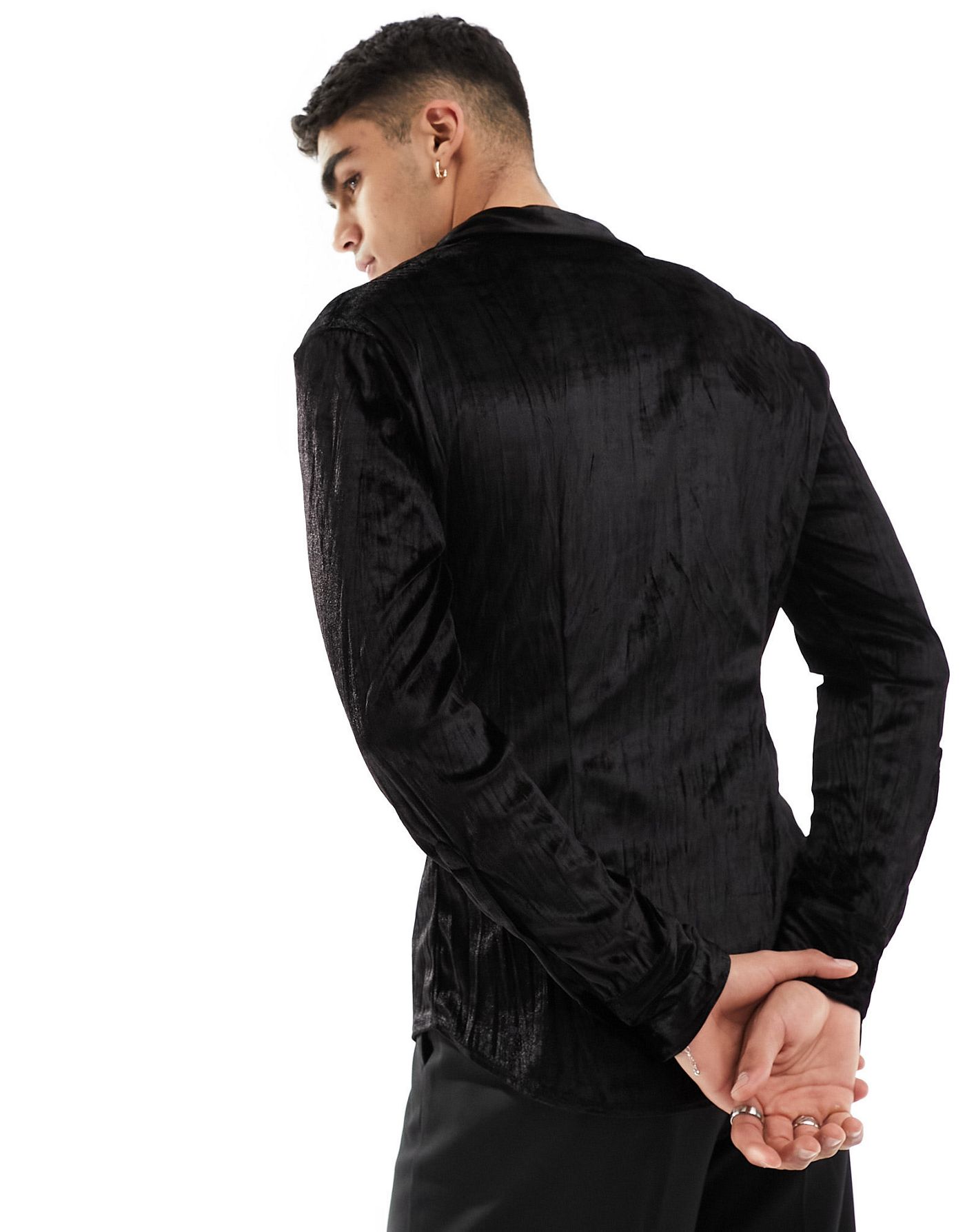 ASOS DESIGN skinny crushed velvet shirt with concealed placket in black
