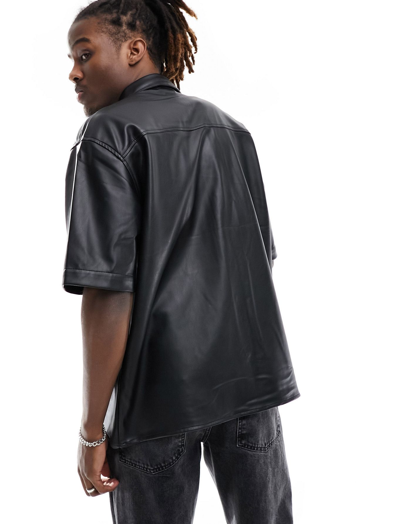 Pull&Bear leather look shirt in black