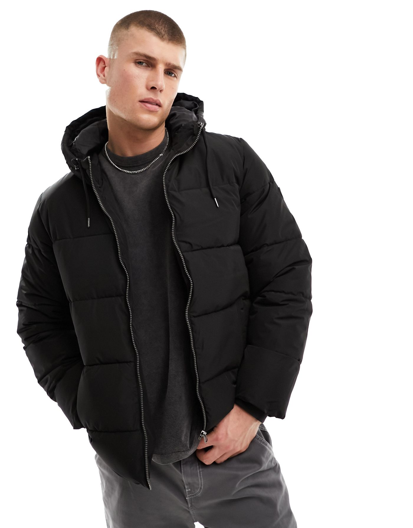 Only & Sons heavyweight hooded puffer jacket in black 