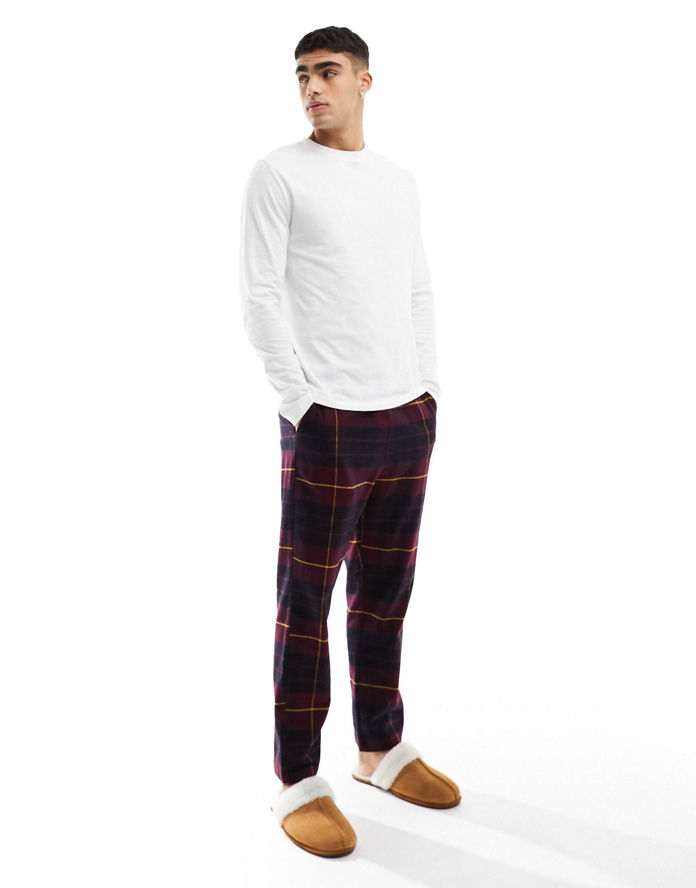 Jack & Jones brushed check bottoms in burgundy