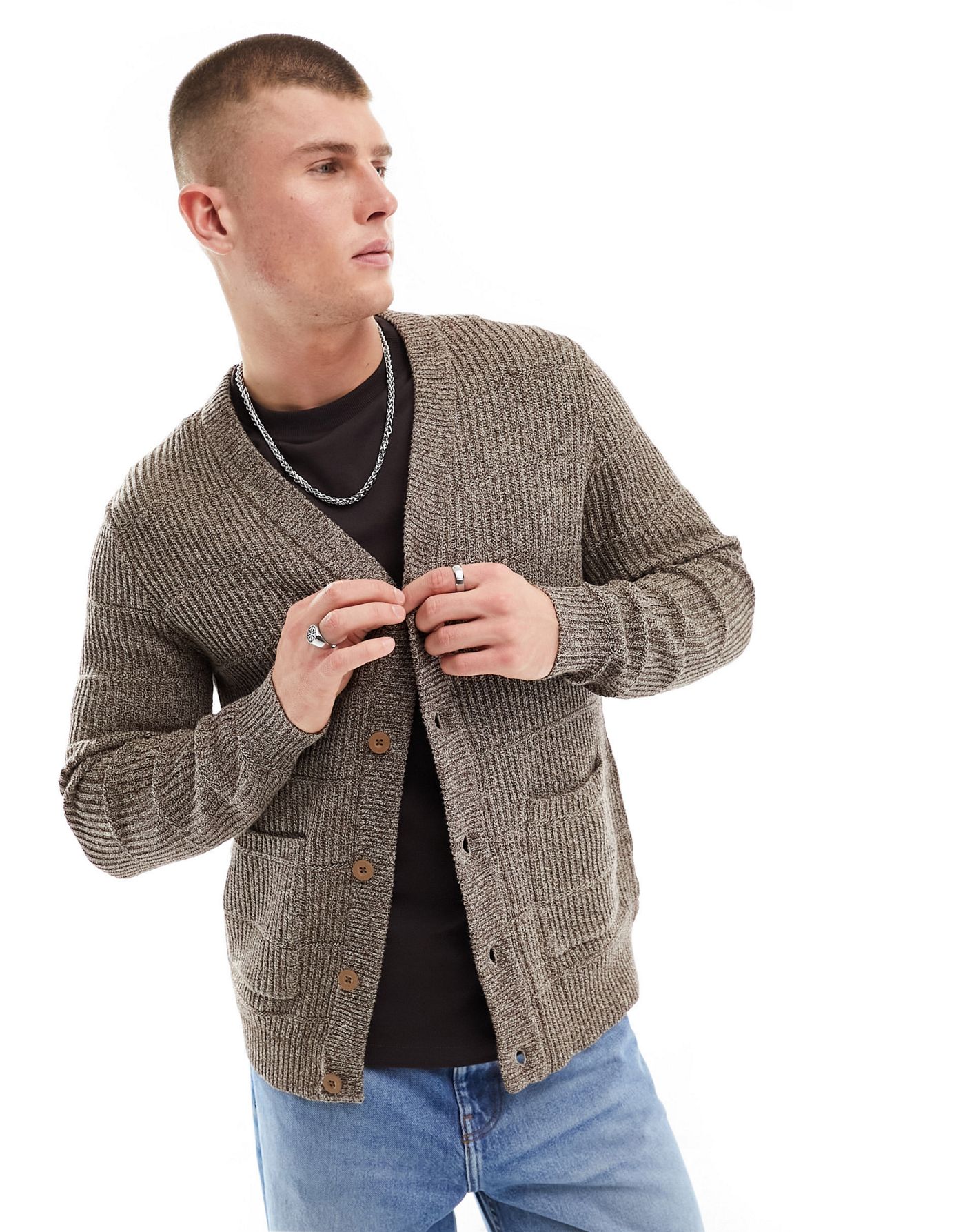 Only & Sons multi pocket cardigan in brown