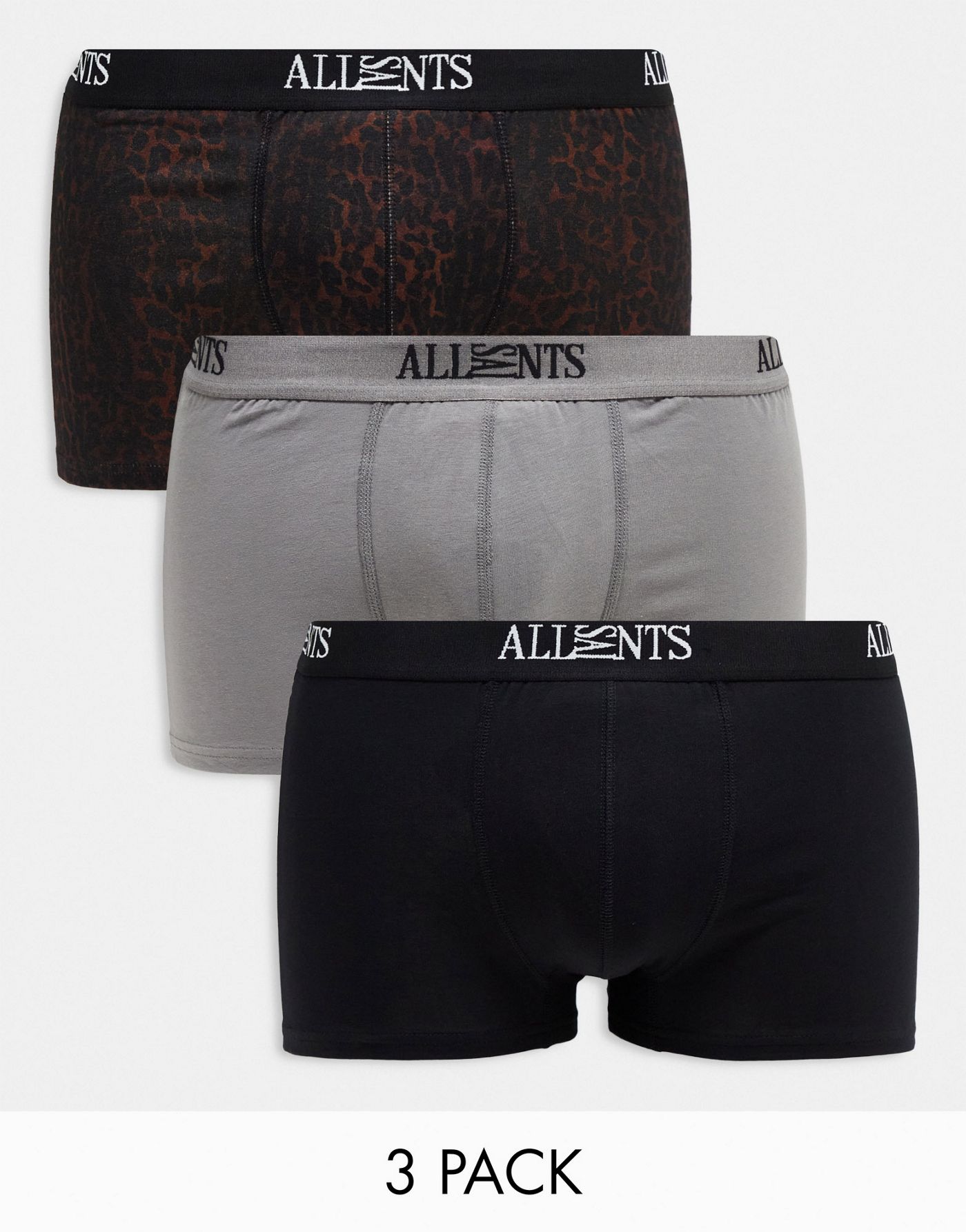 AllSaints 3-pack boxers in leopard/black/grey